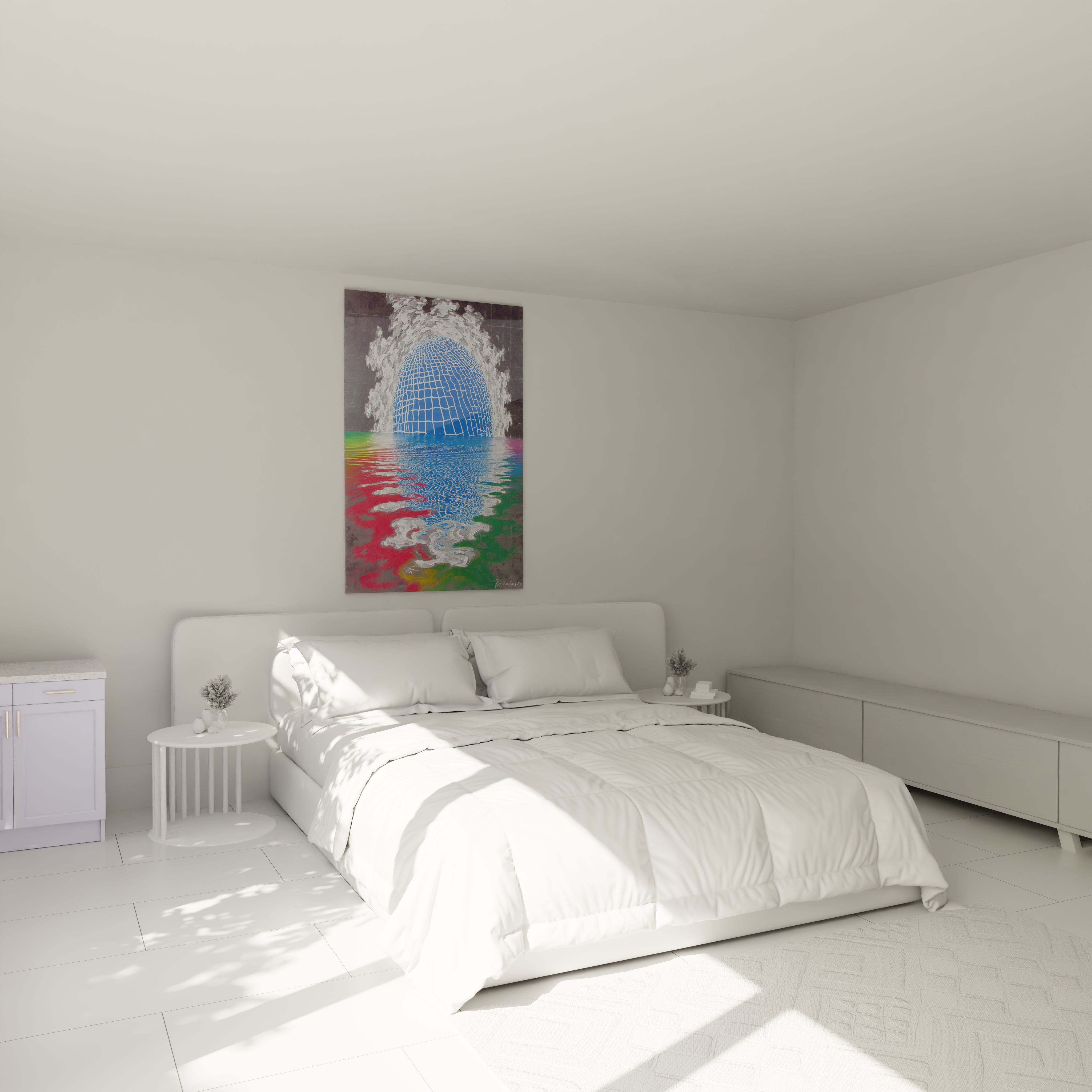 tableau op art abstrait Walensky accroche au dessus d un lit blanc dans une chambre minimaliste et lumineuse