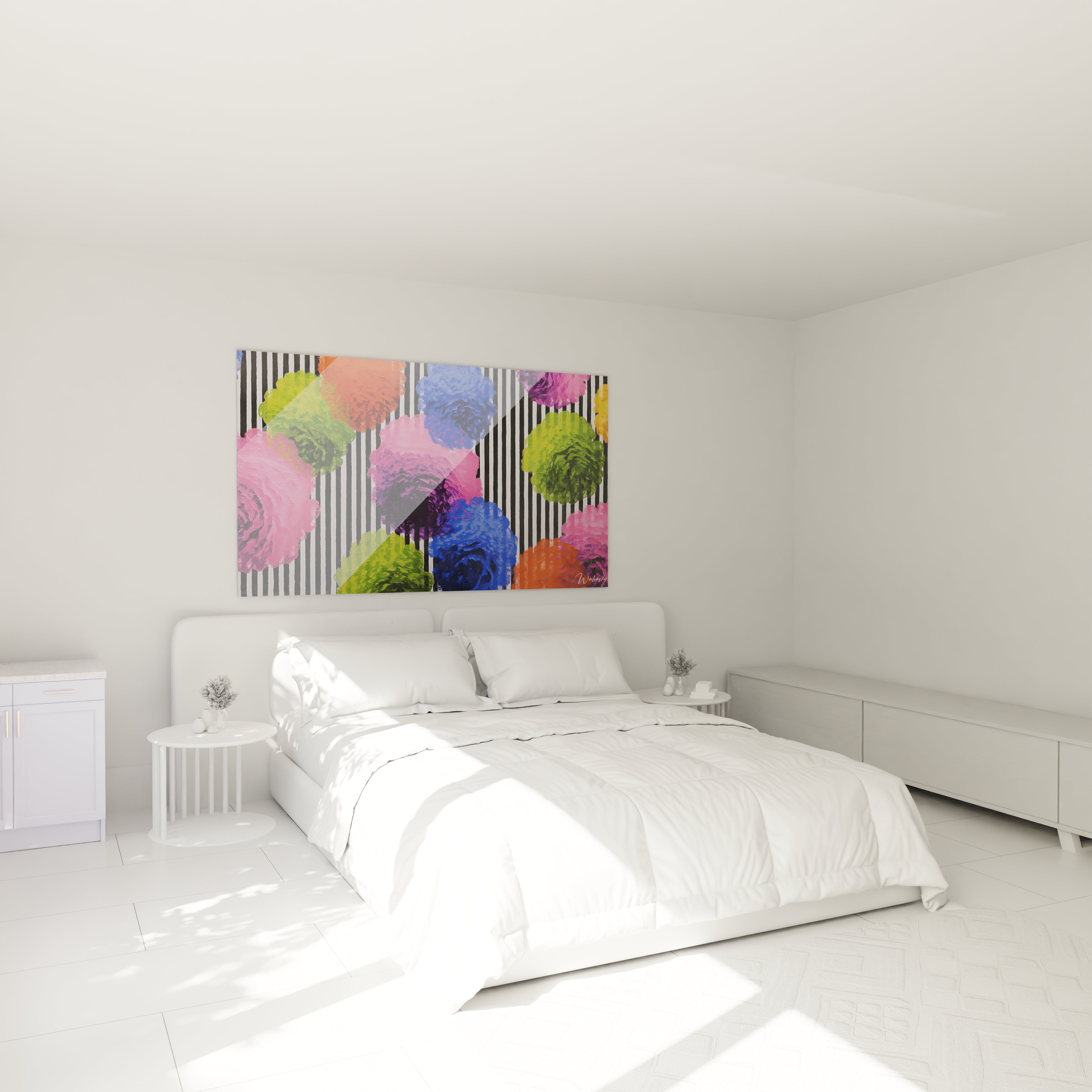 tableau op art fleurs Walensky coloré avec motifs floraux geométriques accroché au dessus du lit blanc minimaliste