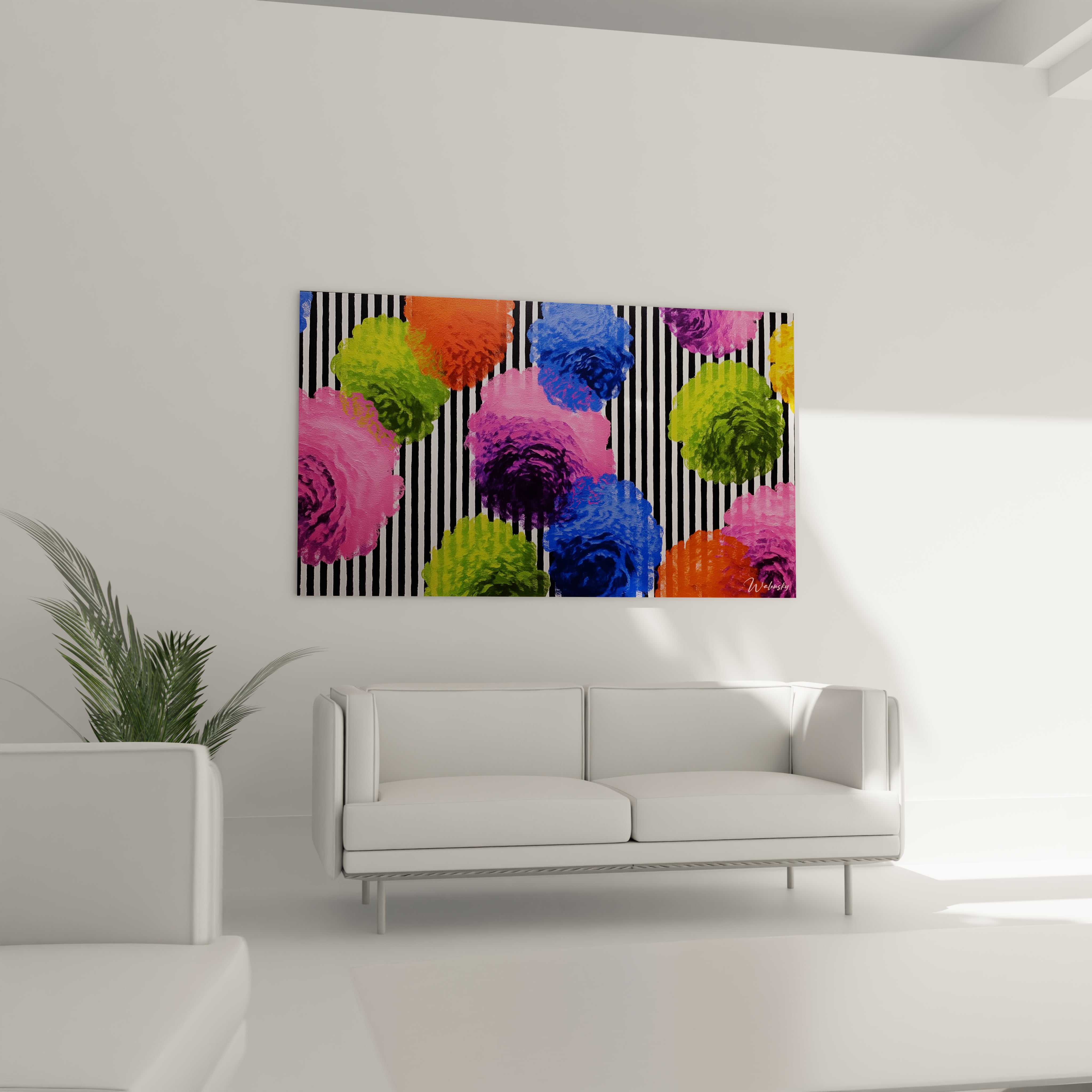 Walensky tableau op art fleurs multicolore sur fond rayures noires et blanches decoration murale pour salon moderne