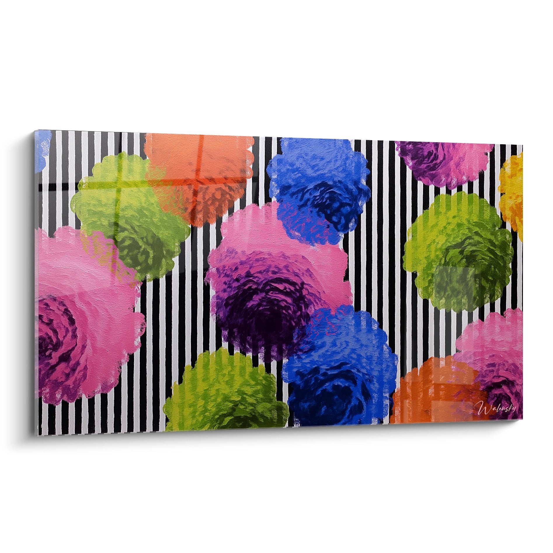 Walensky tableau op art fleurs mural coloré avec motifs floraux ronds multicolores sur rayures noires et blanches