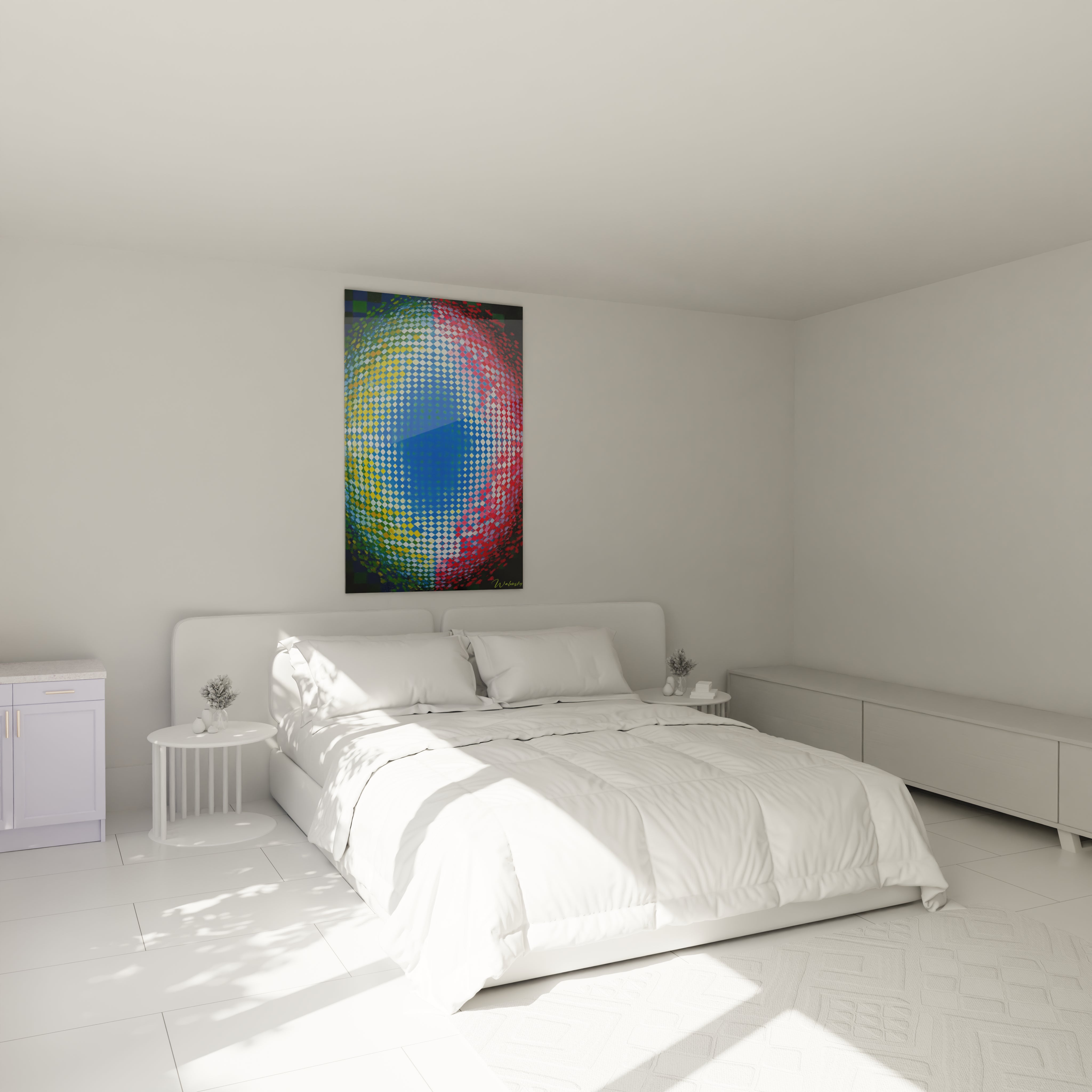 tableau op art hypnotique Walensky accroché au dessus du lit blanc minimaliste dans une chambre claire