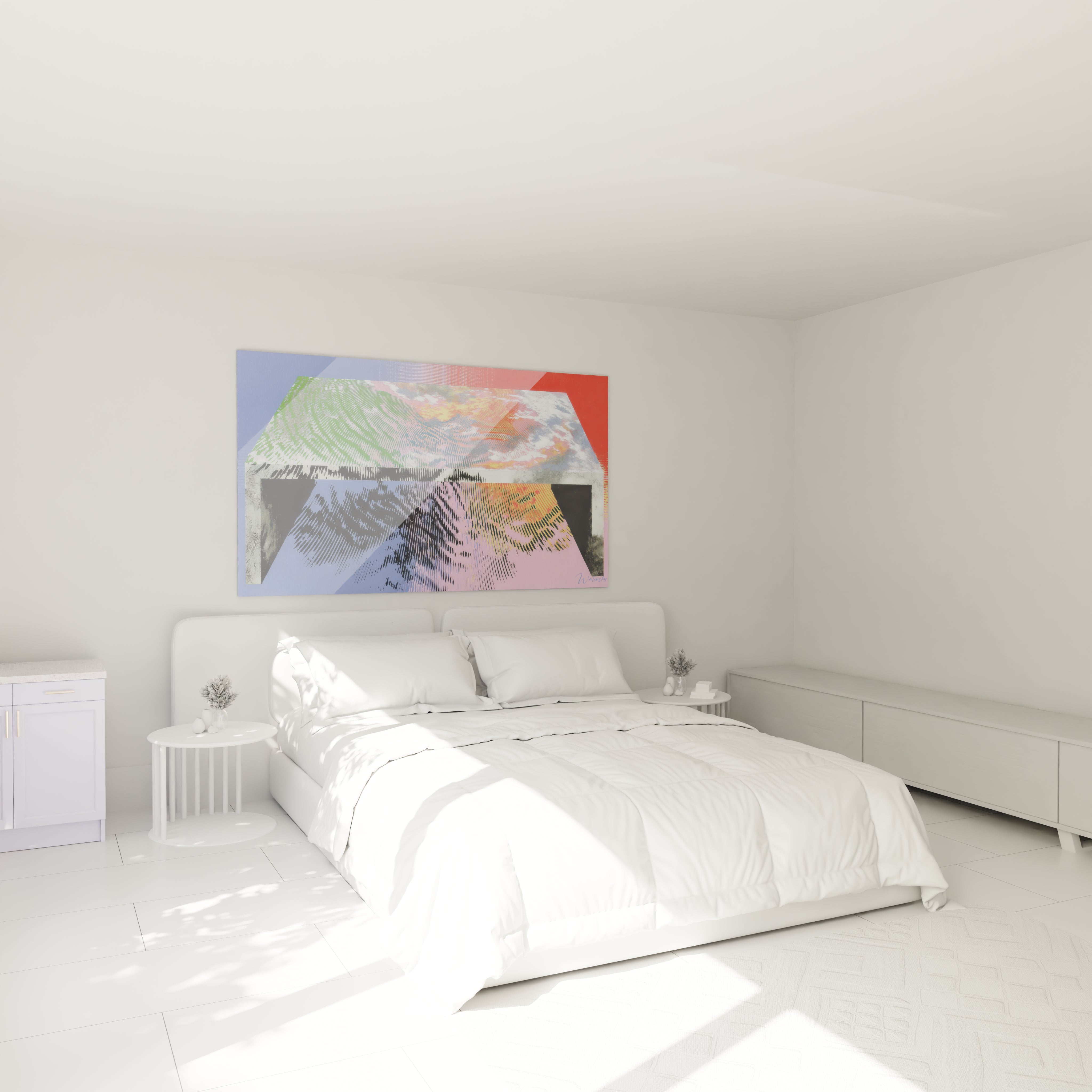 Chambre minimaliste blanche avec lit king et tableau mural coloré de Walensky tableau Op Art illusion mouvante au dessus du lit