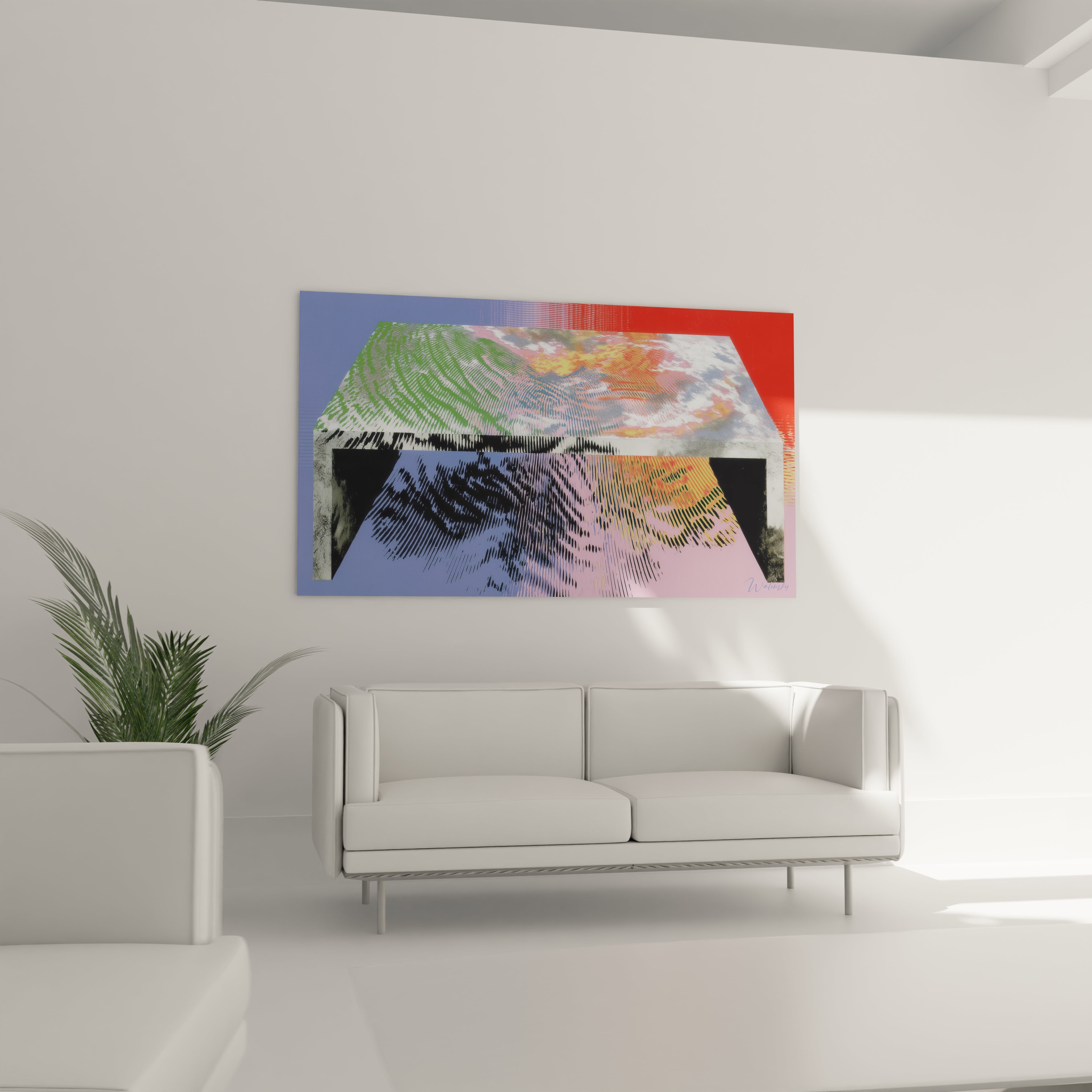 tableau Op Art illusion mouvante Walensky mural abstrait multicolore au dessus d un canape blanc dans salon moderne