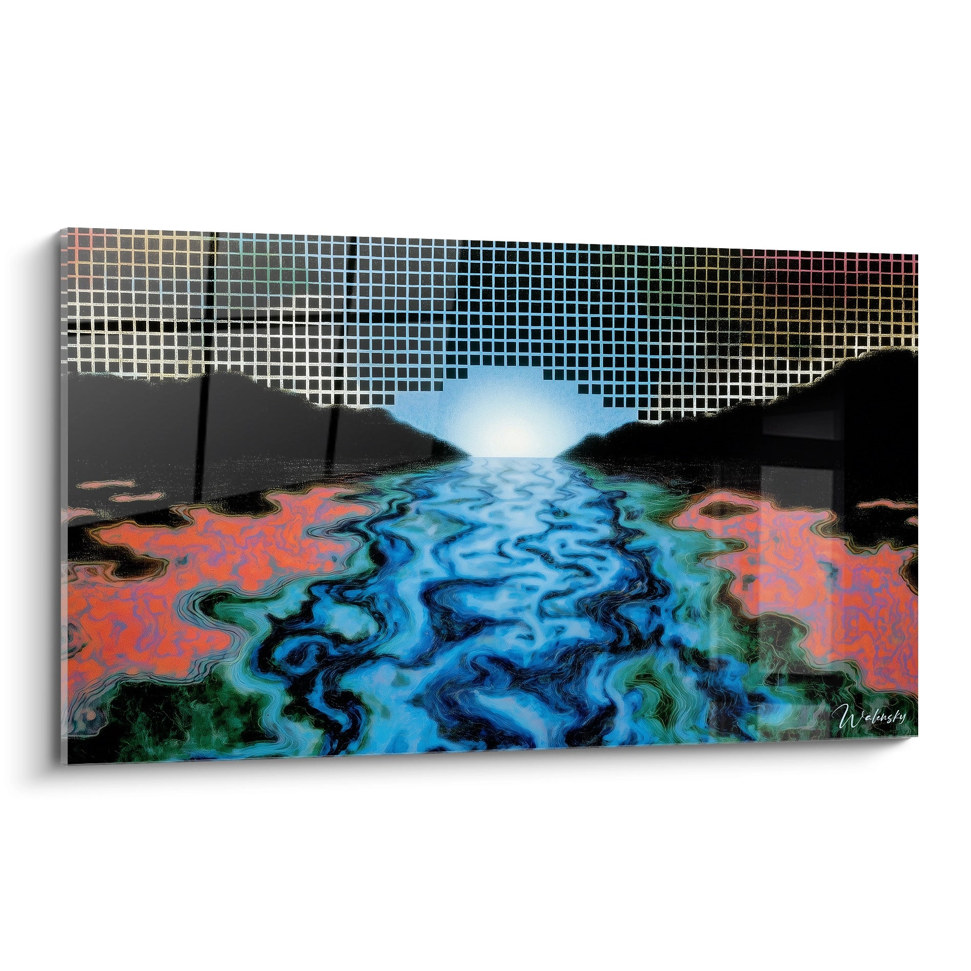 Walensky tableau op art paysage aquatique montrant une rivière bleue tourbillonnante, rivages rouges et ciel en damier