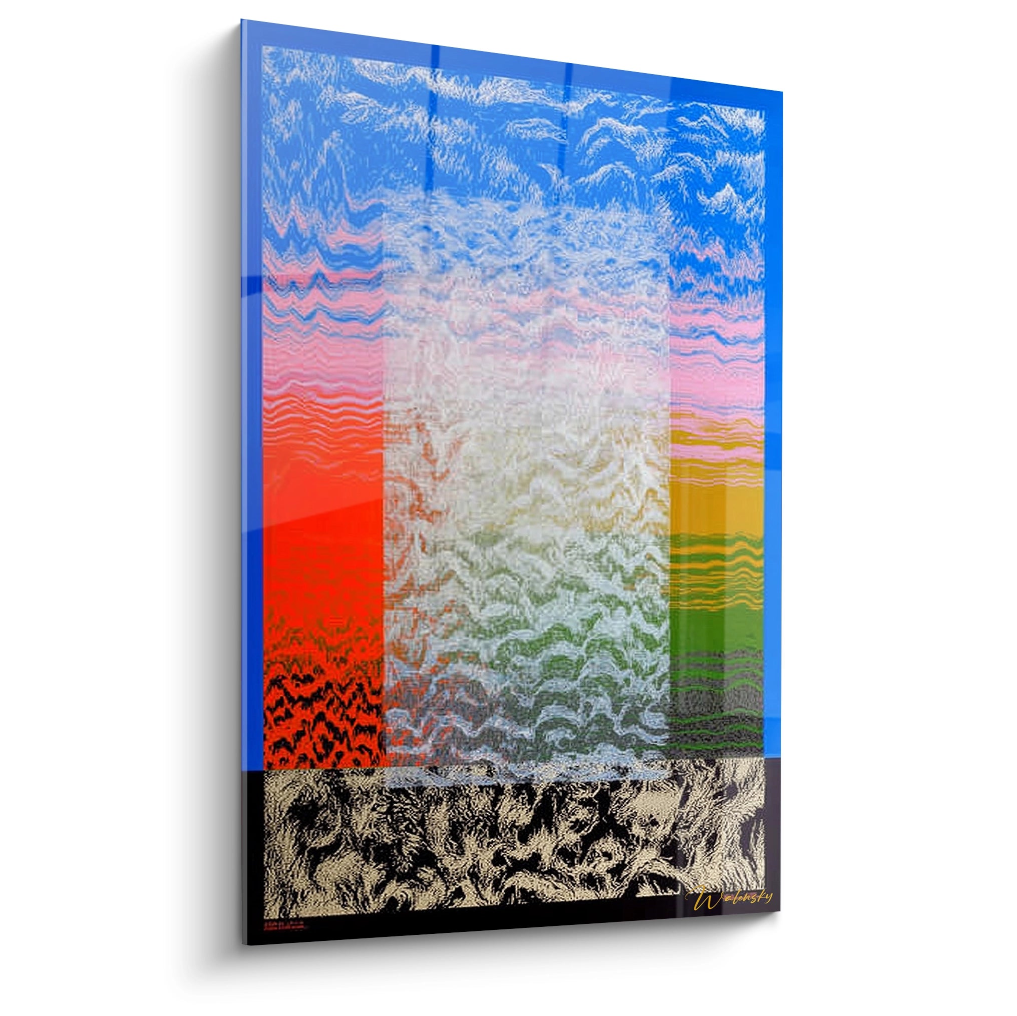 Walensky tableau op art paysage mural coloré avec blocs verticaux bleu rouge jaune et bande noire texturée