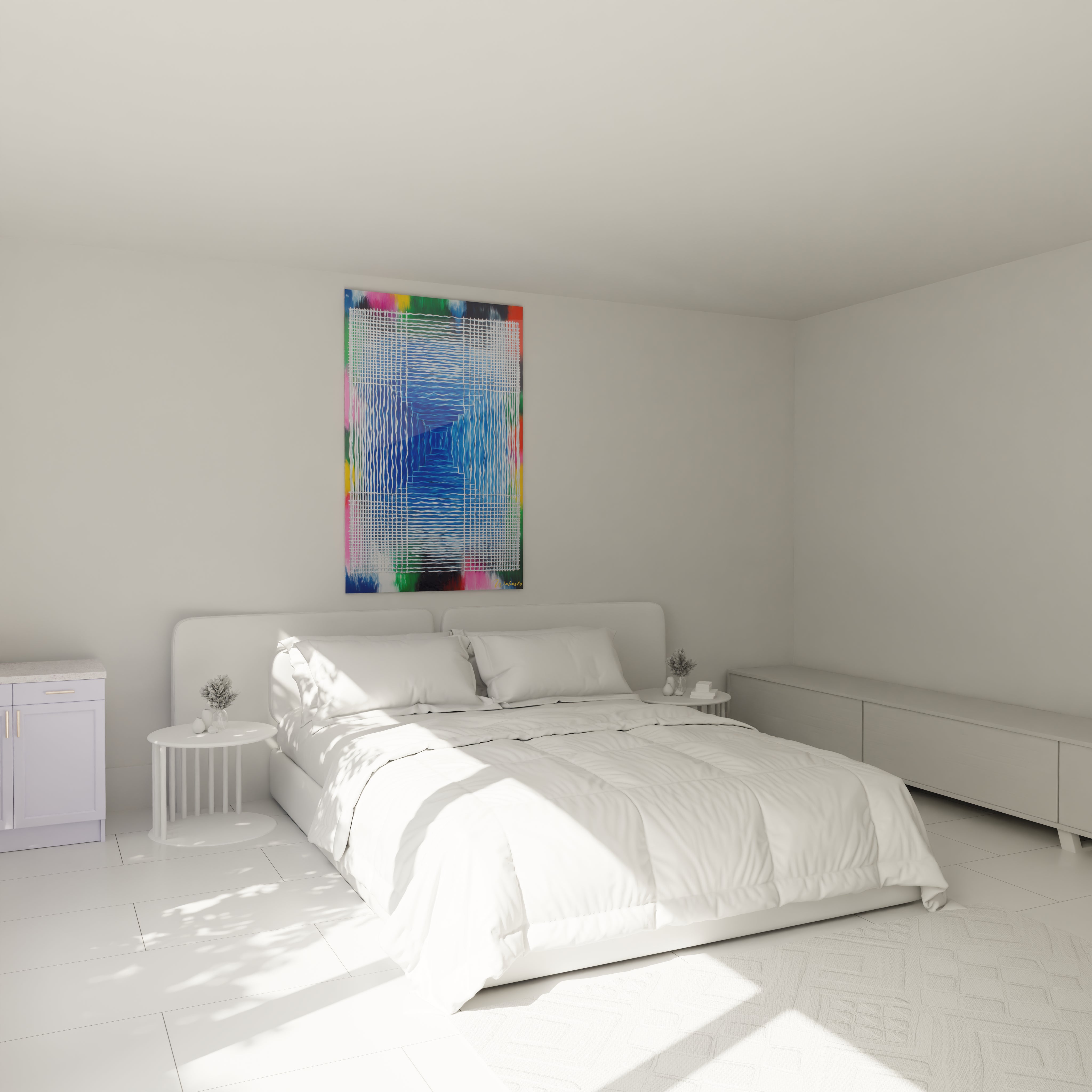 tableau op art perspective Walensky accroché au-dessus d'un lit blanc minimaliste dans une chambre lumineuse