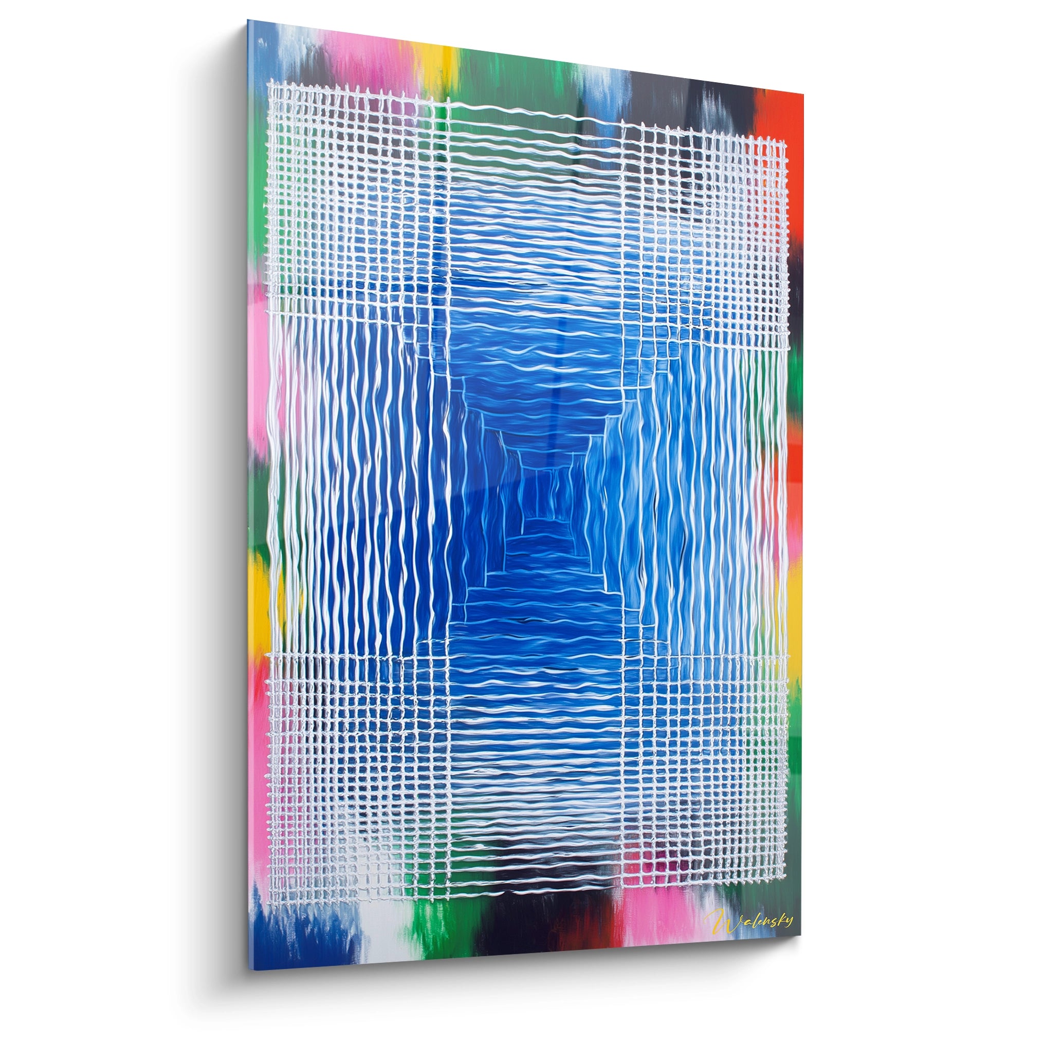 Tableau mural Walensky tableau op art perspective bleu avec motifs ondulés blancs formant illusion optique et bordures colorées