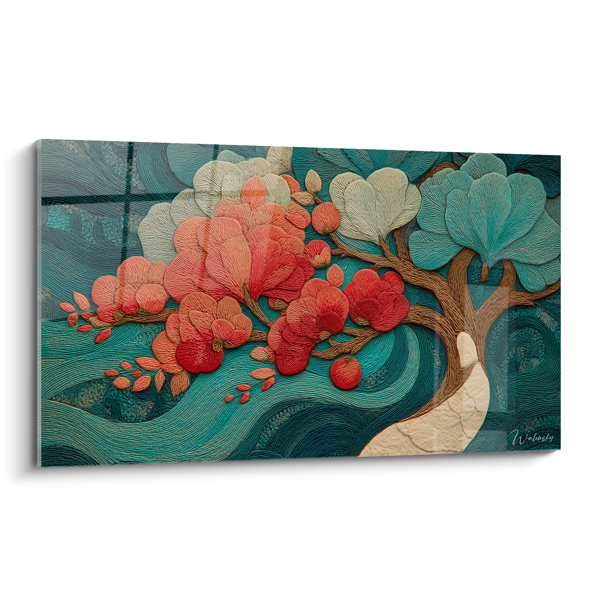 Walensky tableau orchidées art nouveau toile murale panoramique arbre stylisé fleurs roses et feuilles turquoises