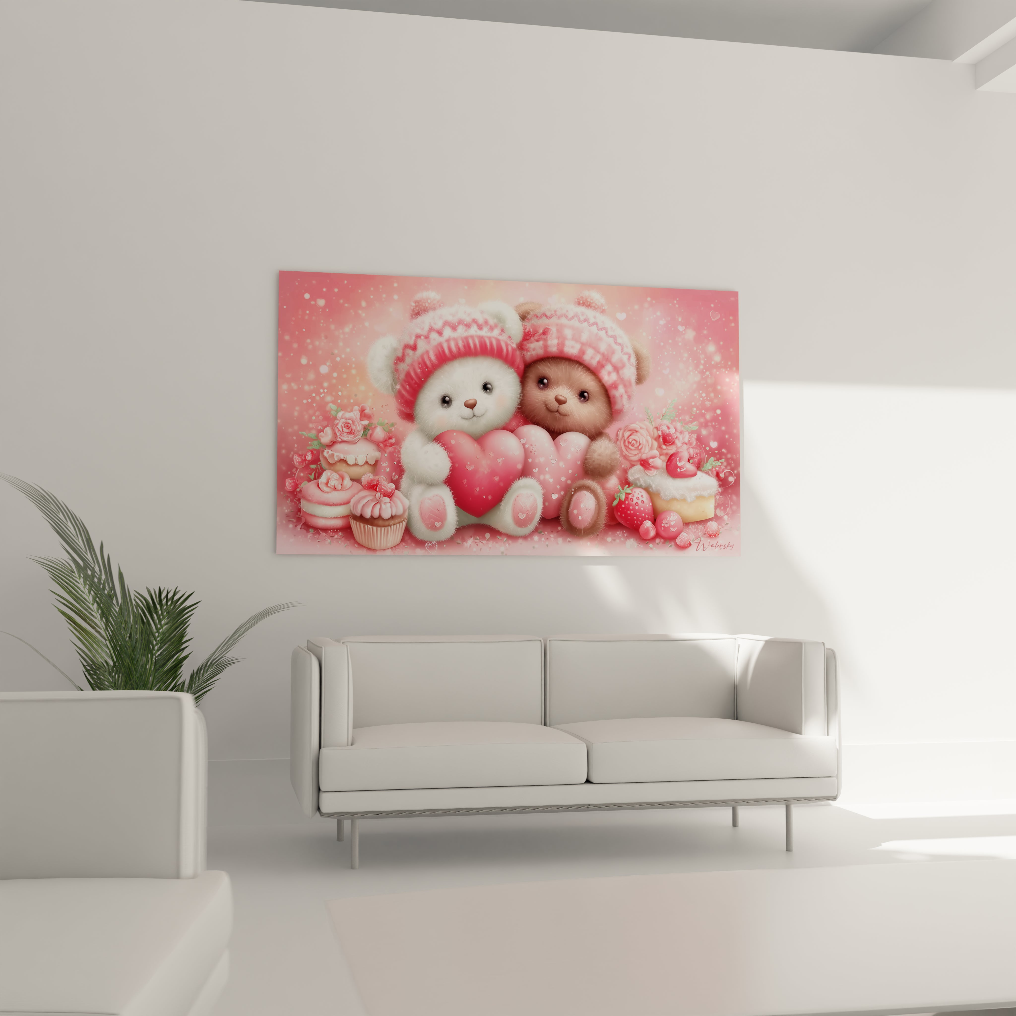 tableau ourson saint valentin Walensky affiche murale rose avec deux oursons tenant un coeur et patisseries