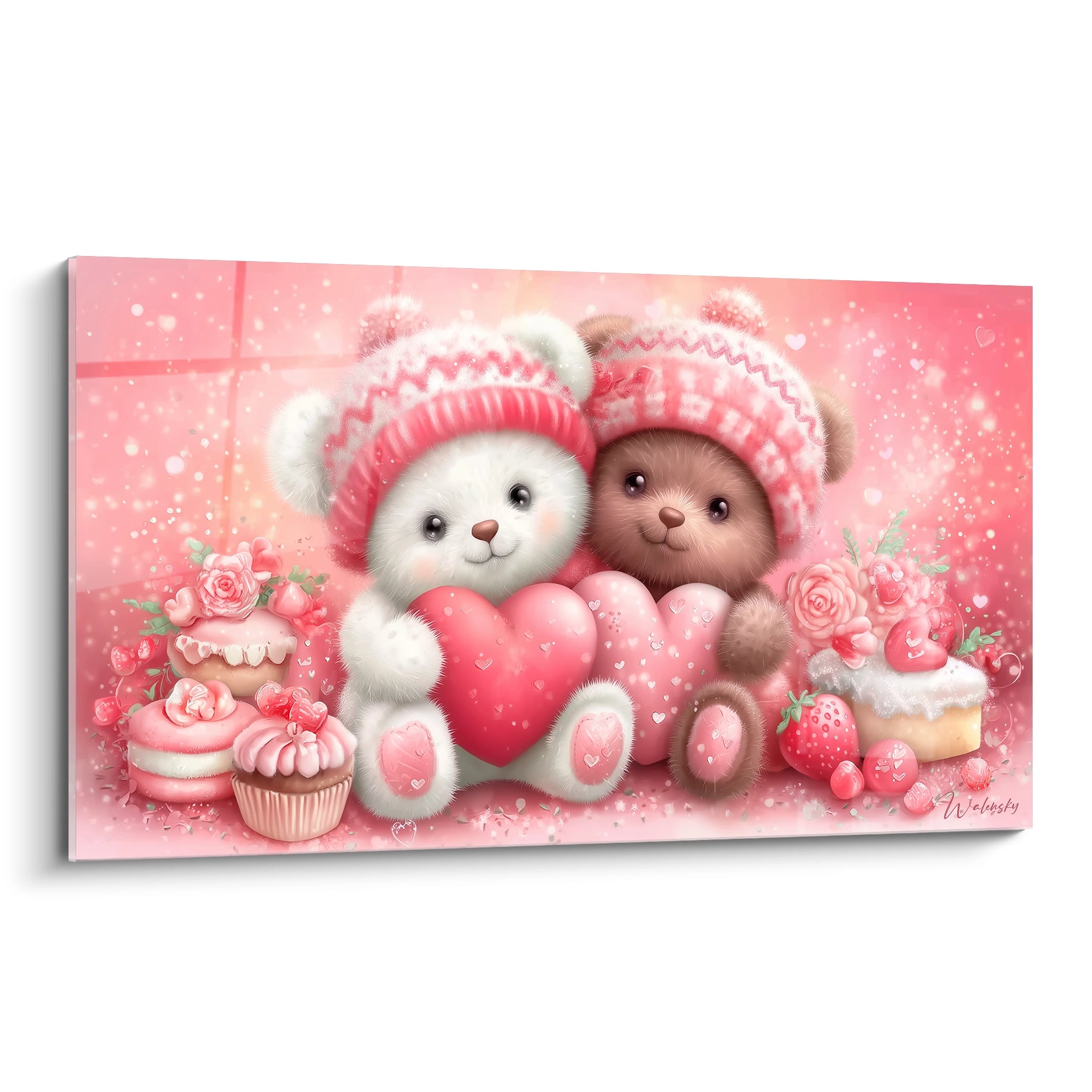 tableau ourson saint valentin Walensky deux oursons peluche roses avec coeurs cupcakes roses et fraises