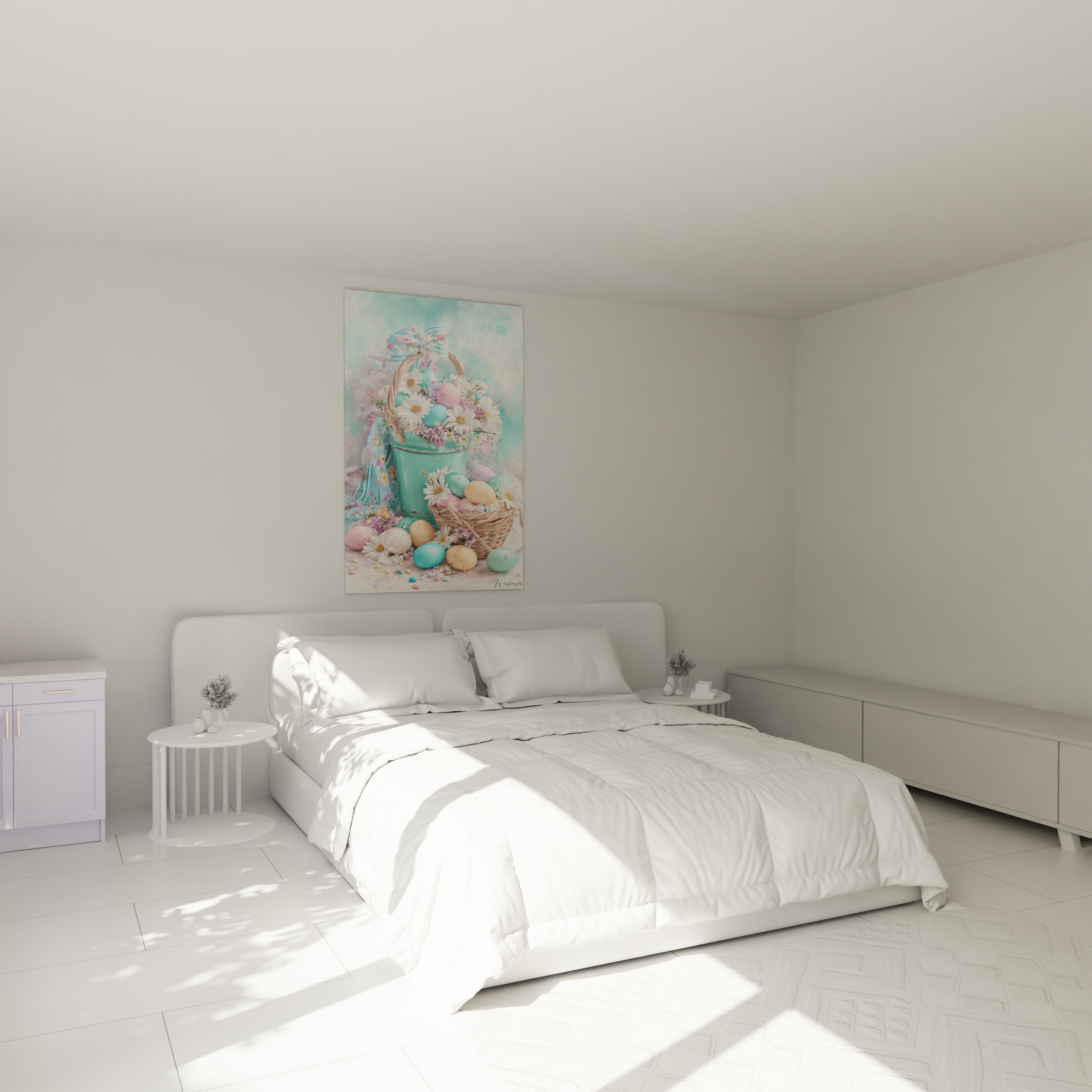Walensky tableau pâques décoration murale pastel accroché au dessus d un lit blanc minimaliste pour ambiance printaniere