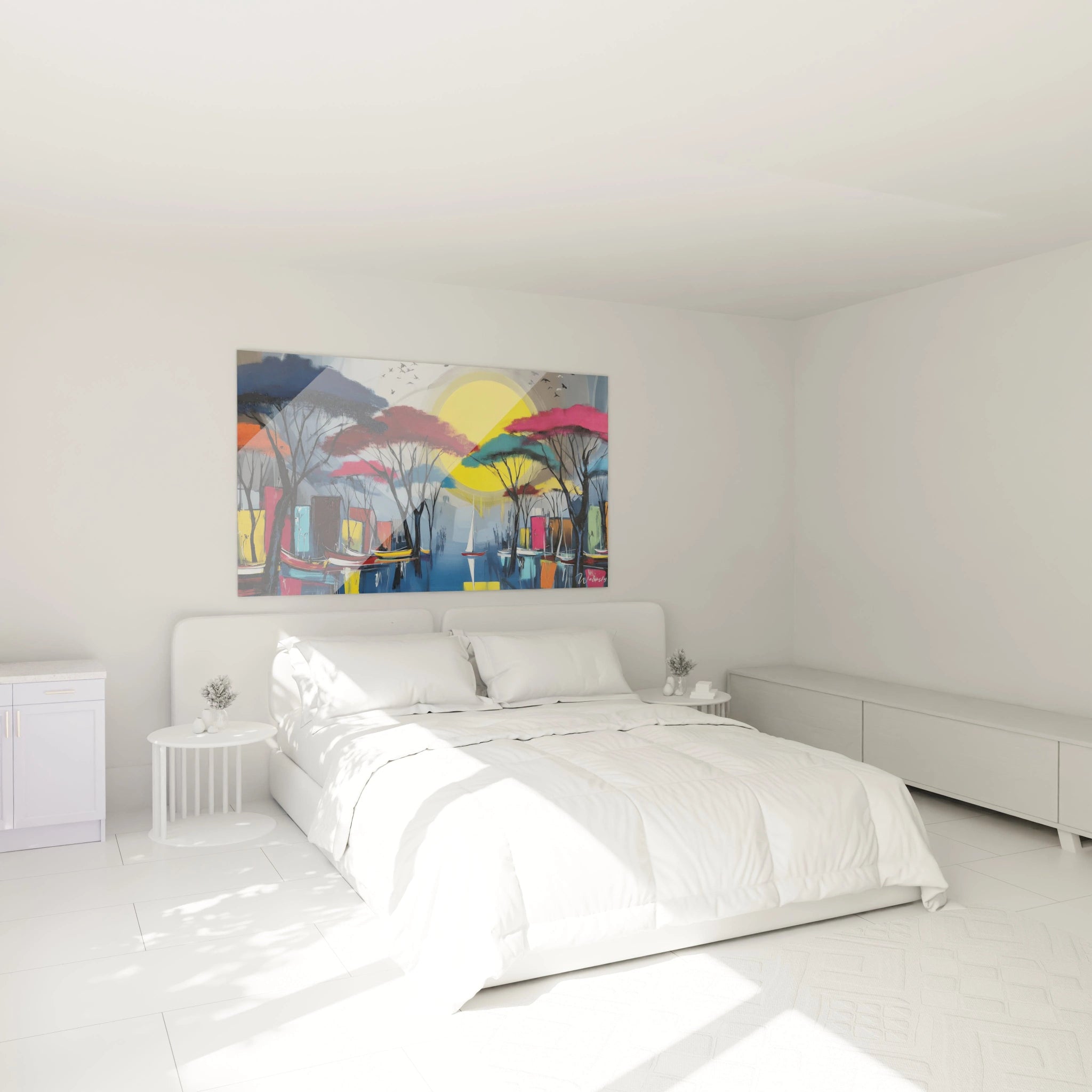 Tableau paysage africain contemporain de Walensky suspendu au-dessus d'un lit moderne dans une chambre lumineuse