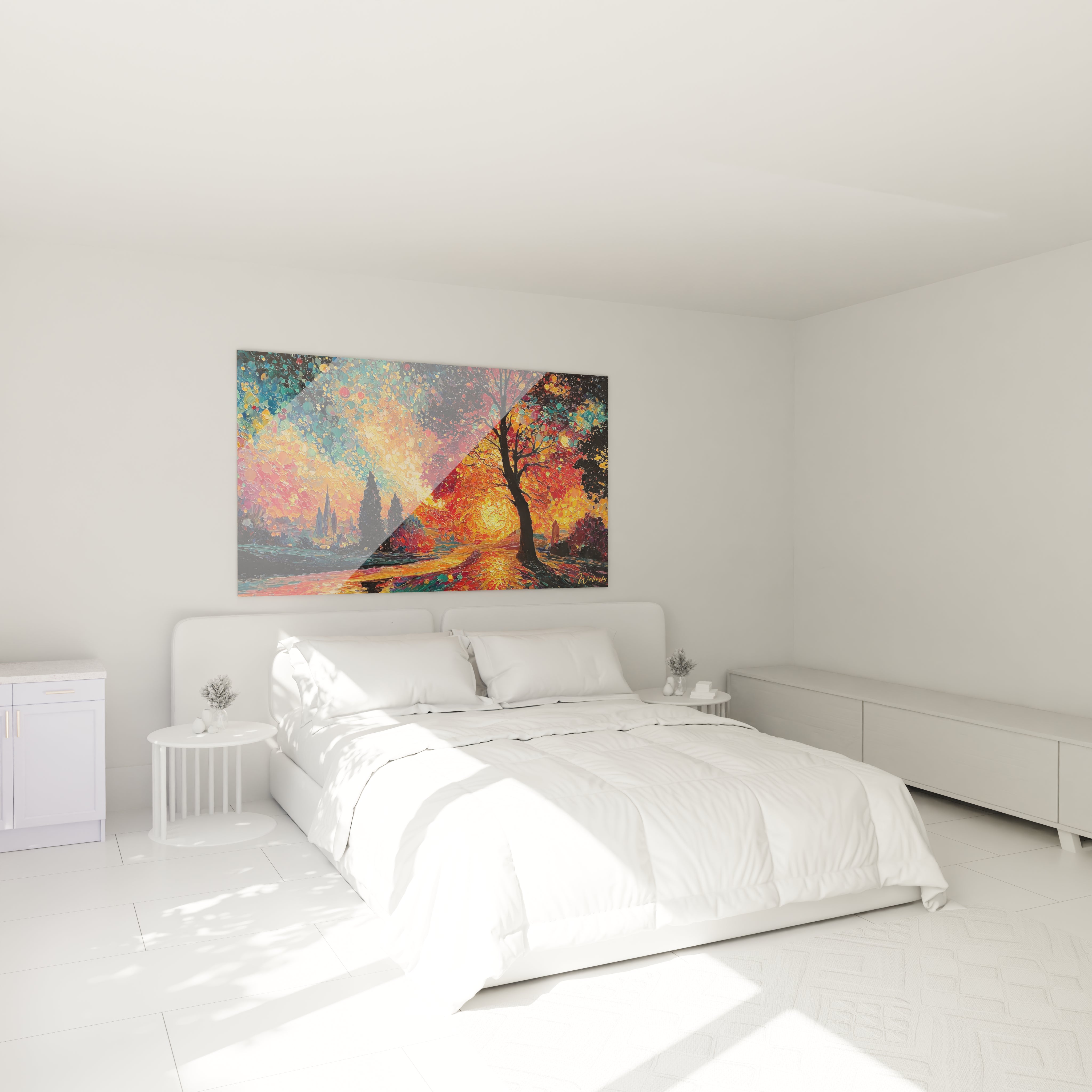 Tableau mural Walensky pour chambre, paysage brumeux avec silhouettes de marcheurs, tableau paysage automnal pointillisme