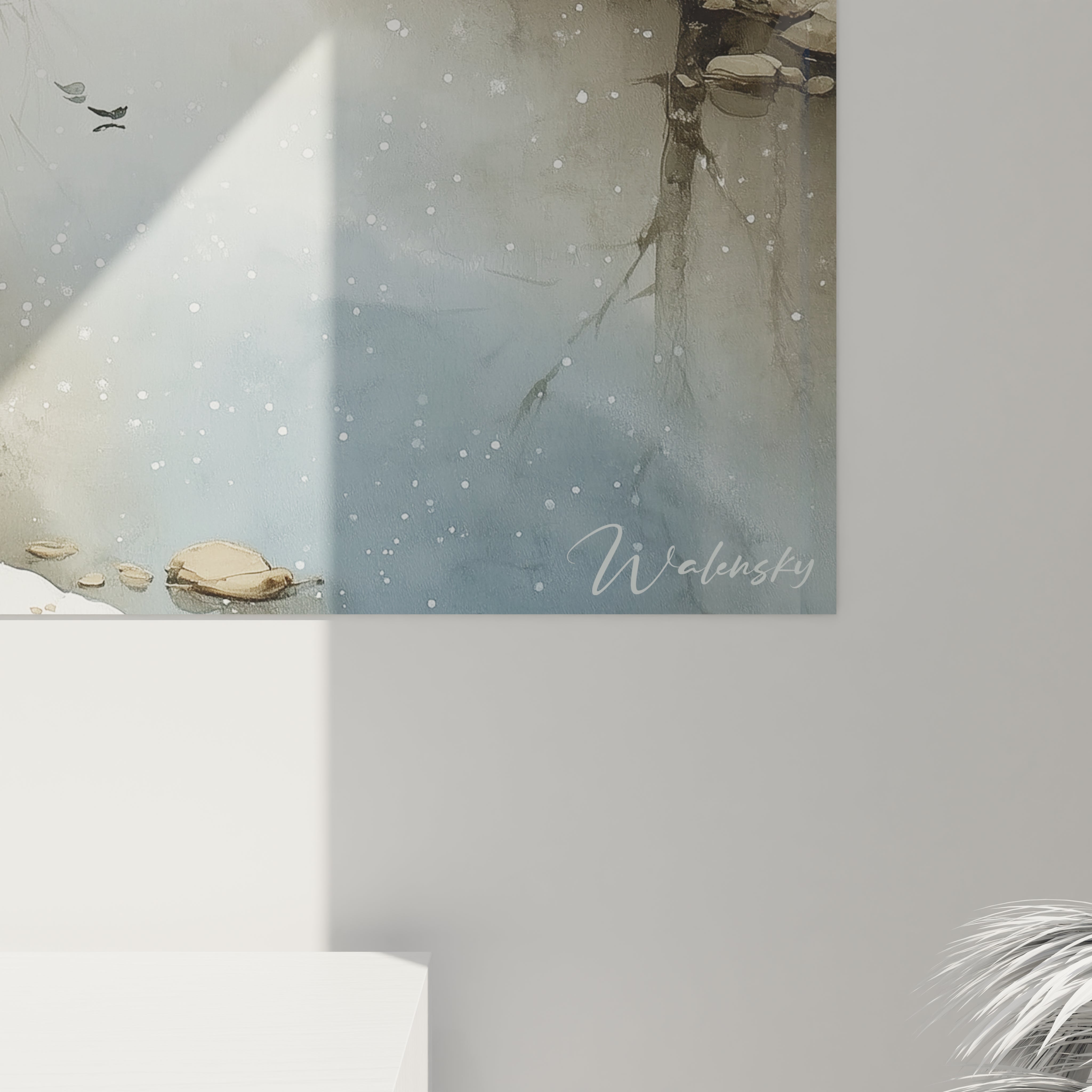 Tableau mural Walensky tableau paysage bouleaux hiver en aquarelle minimaliste avec neige et reflets apaisants