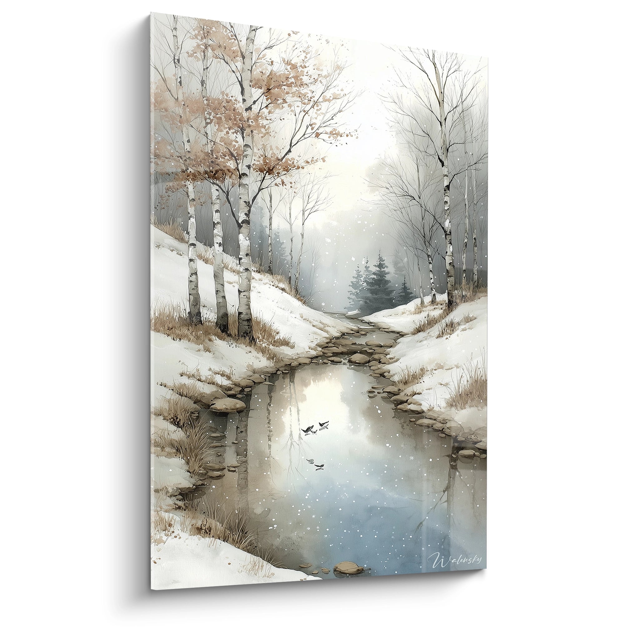 tableau paysage bouleaux hiver Walensky montrant une rivière enneigée, reflets de bouleaux et forêt brumeuse