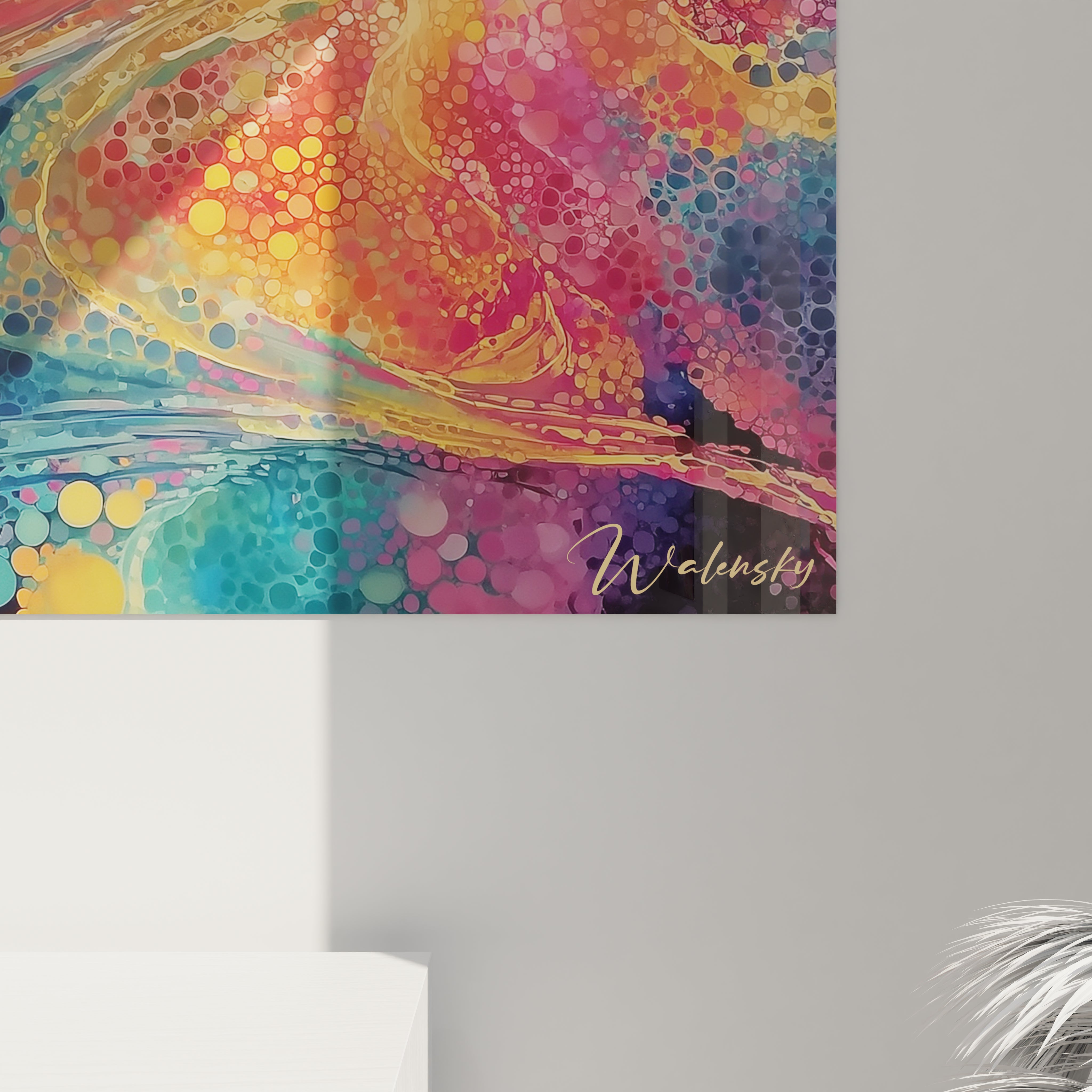 Tableau mural Walensky montrant un tableau paysage coloré pointillisme abstrait en points vibrants et signature visible