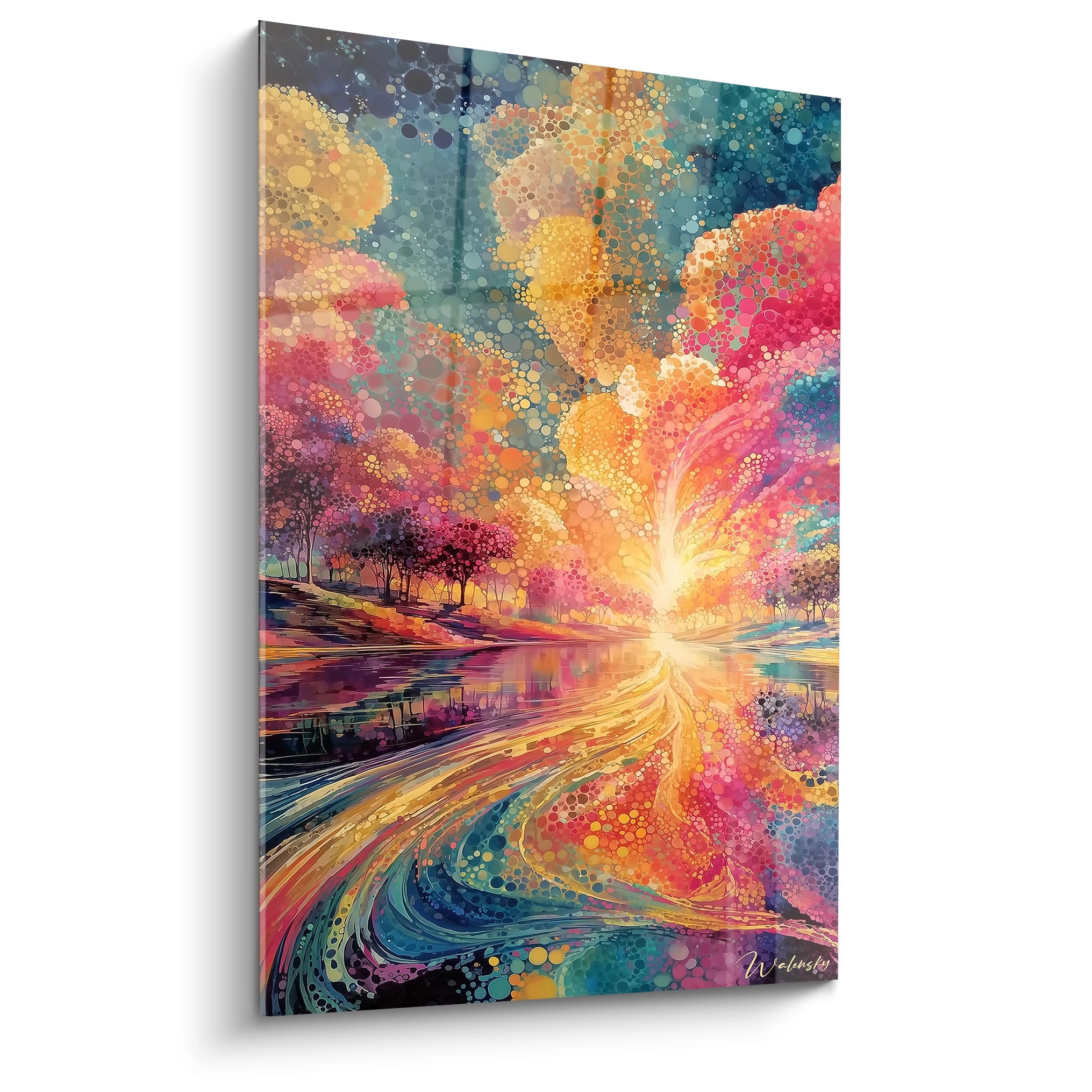 Toile murale Walensky tableau paysage coloré pointillisme lac en reflet et explosion de couleurs
