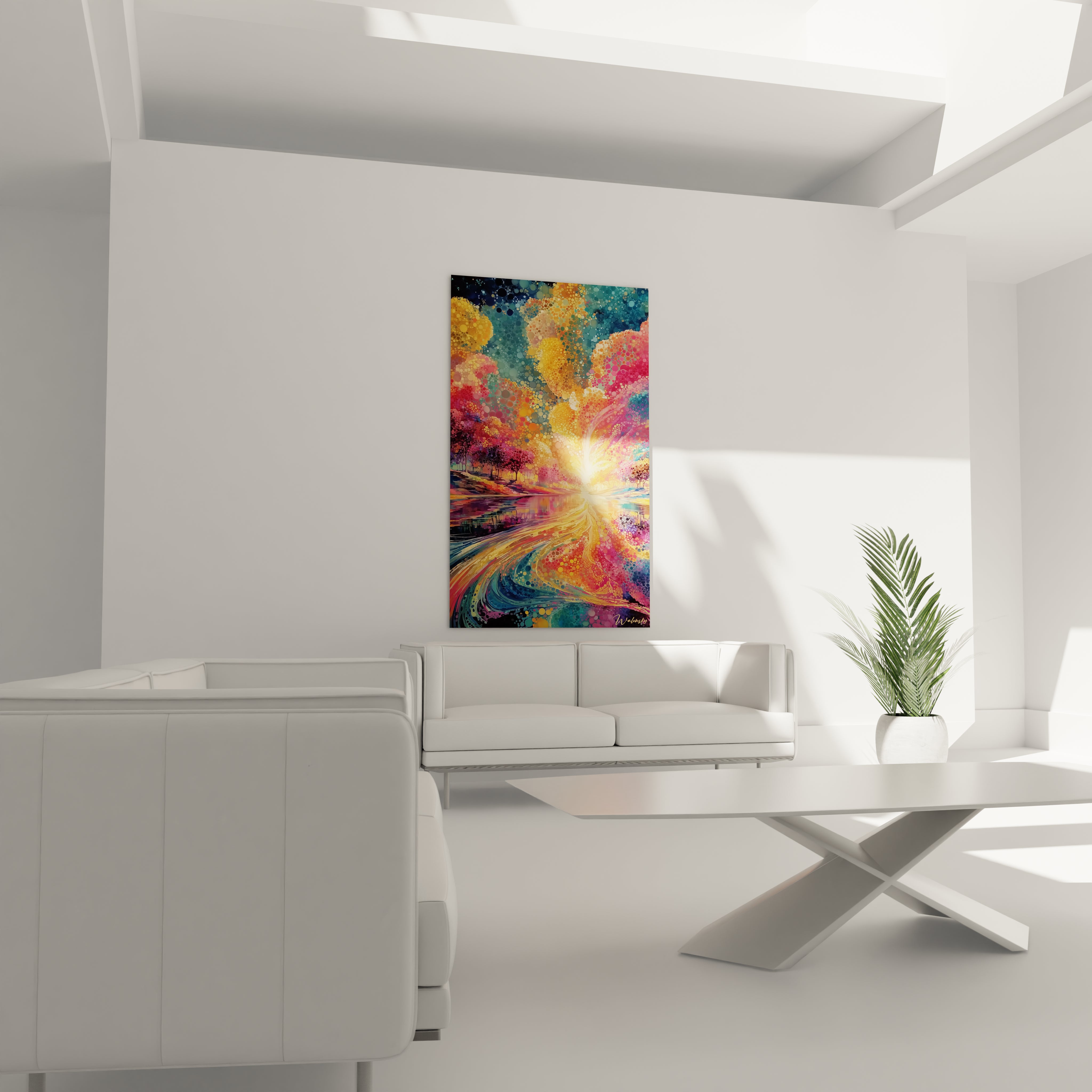 Tableau mural Walensky tableau paysage coloré pointillisme vibrant accroché au dessus du canapé blanc dans salon minimaliste