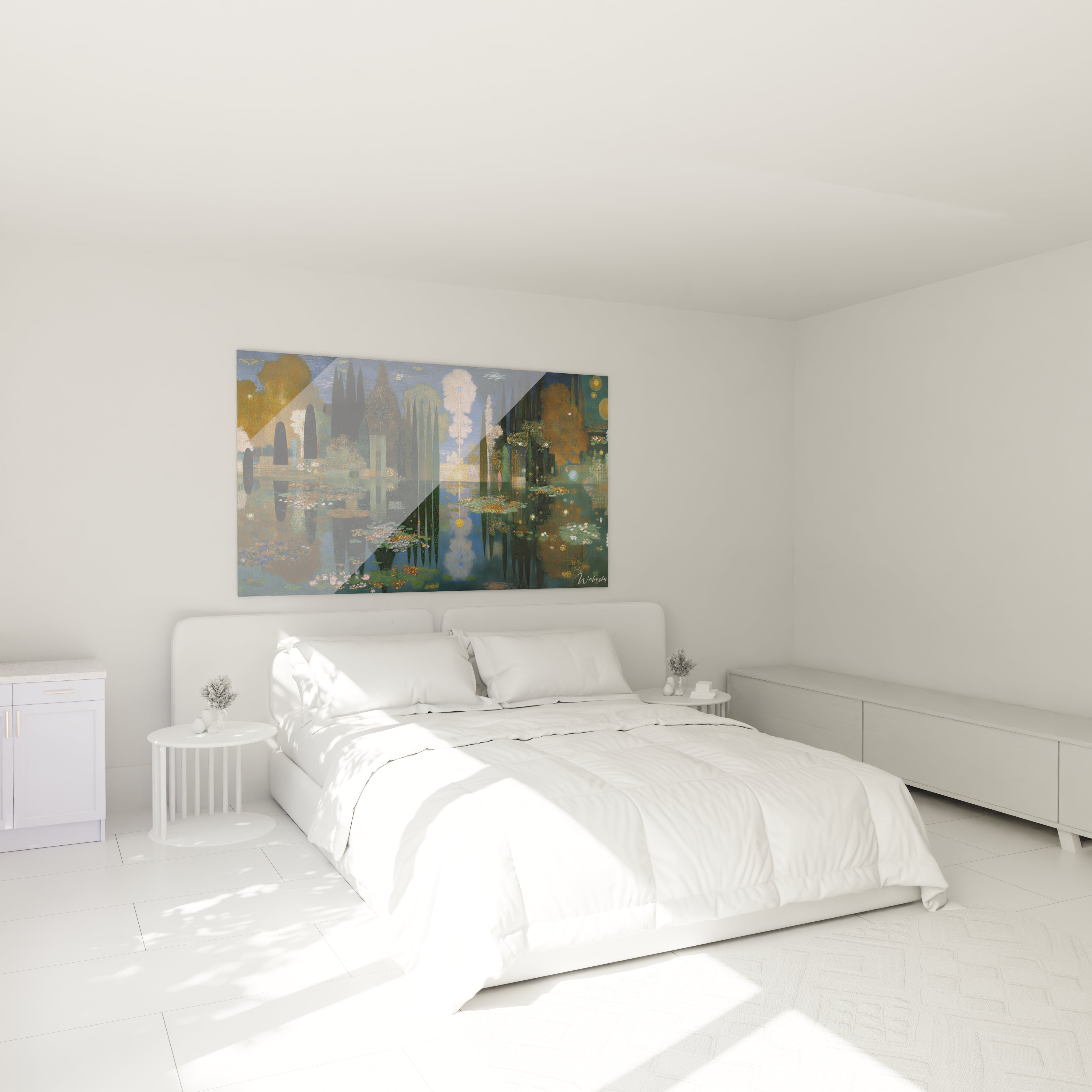 tableau paysage eaux symboliste Walensky accroché au dessus d un lit blanc dans chambre lumineuse minimaliste