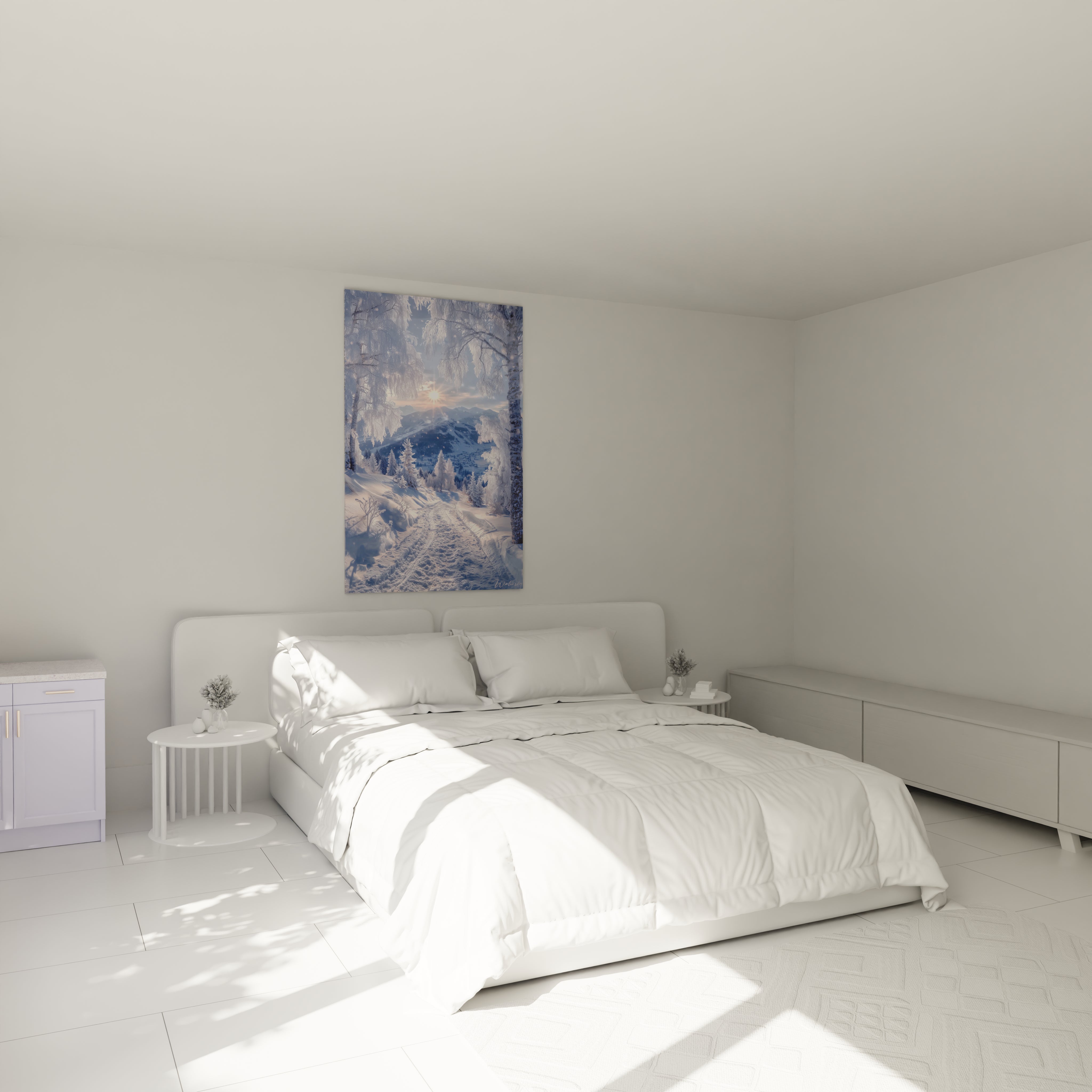 tableau paysage hivernal Walensky suspendu au mur au dessus d un lit blanc dans une chambre minimaliste et lumineuse