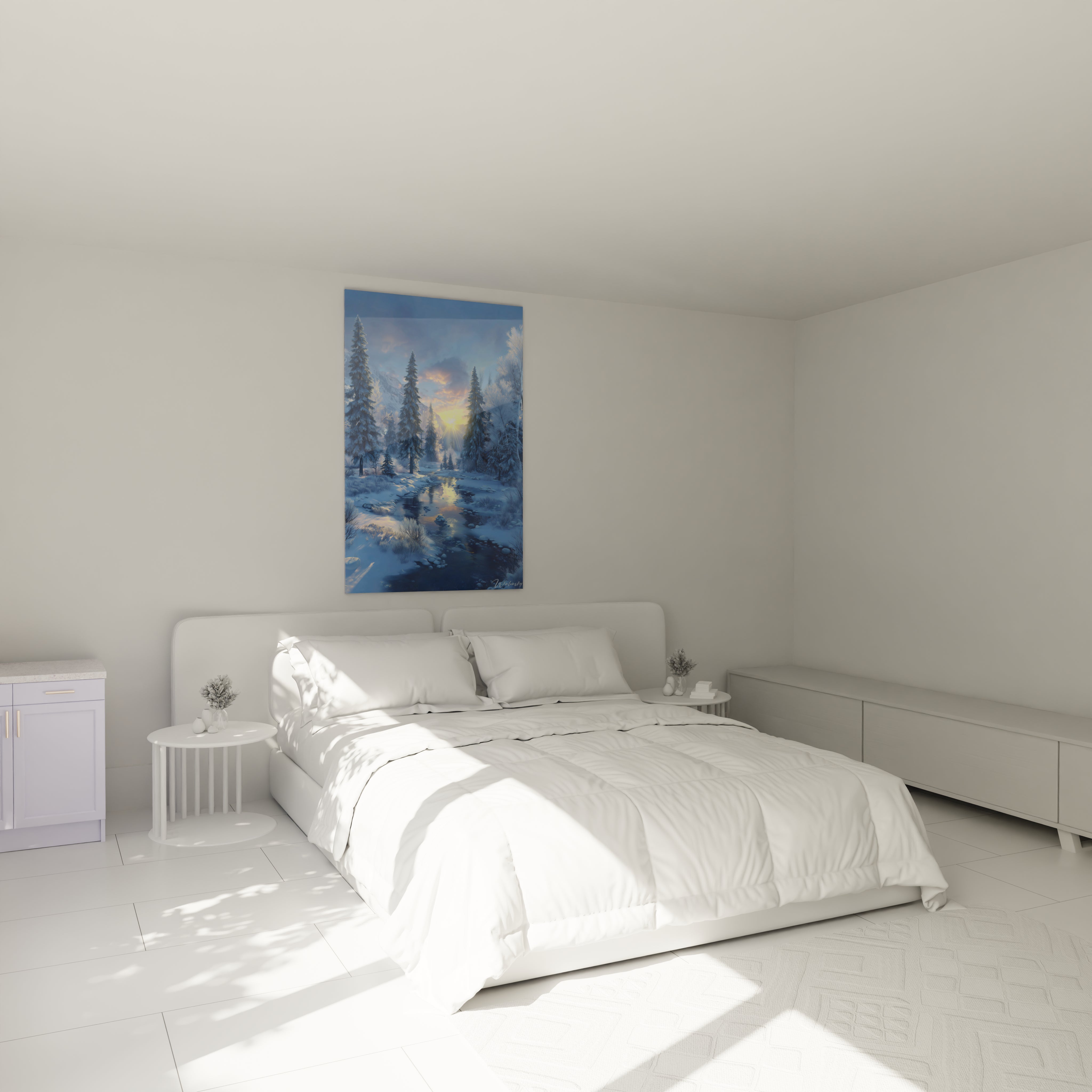 tableau paysage hivernal Walensky au dessus d un lit blanc dans une chambre minimaliste avec reflets sur l eau