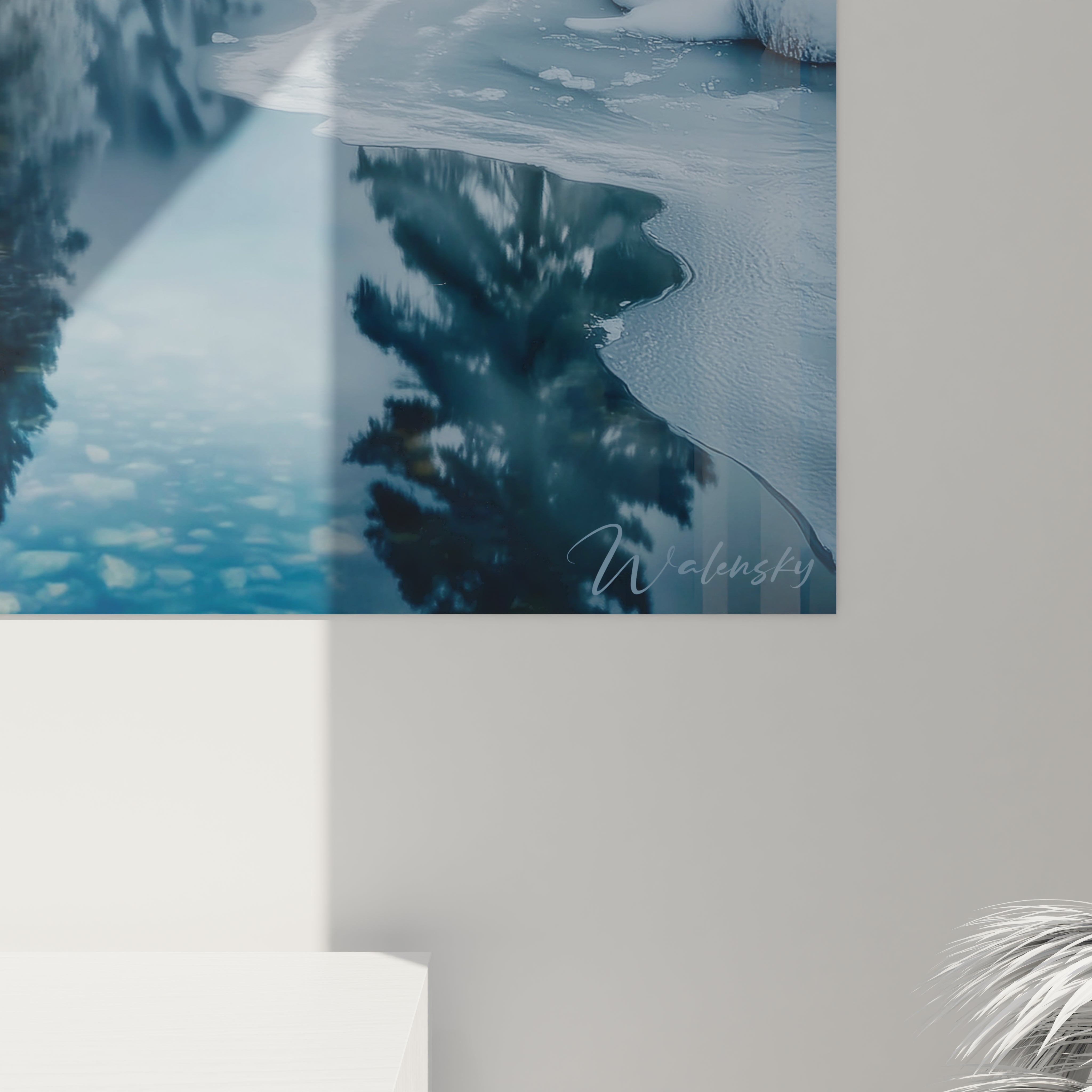 Walensky tableau paysage hivernal mural montrant cote gelee eau reflets arbres neige et signature
