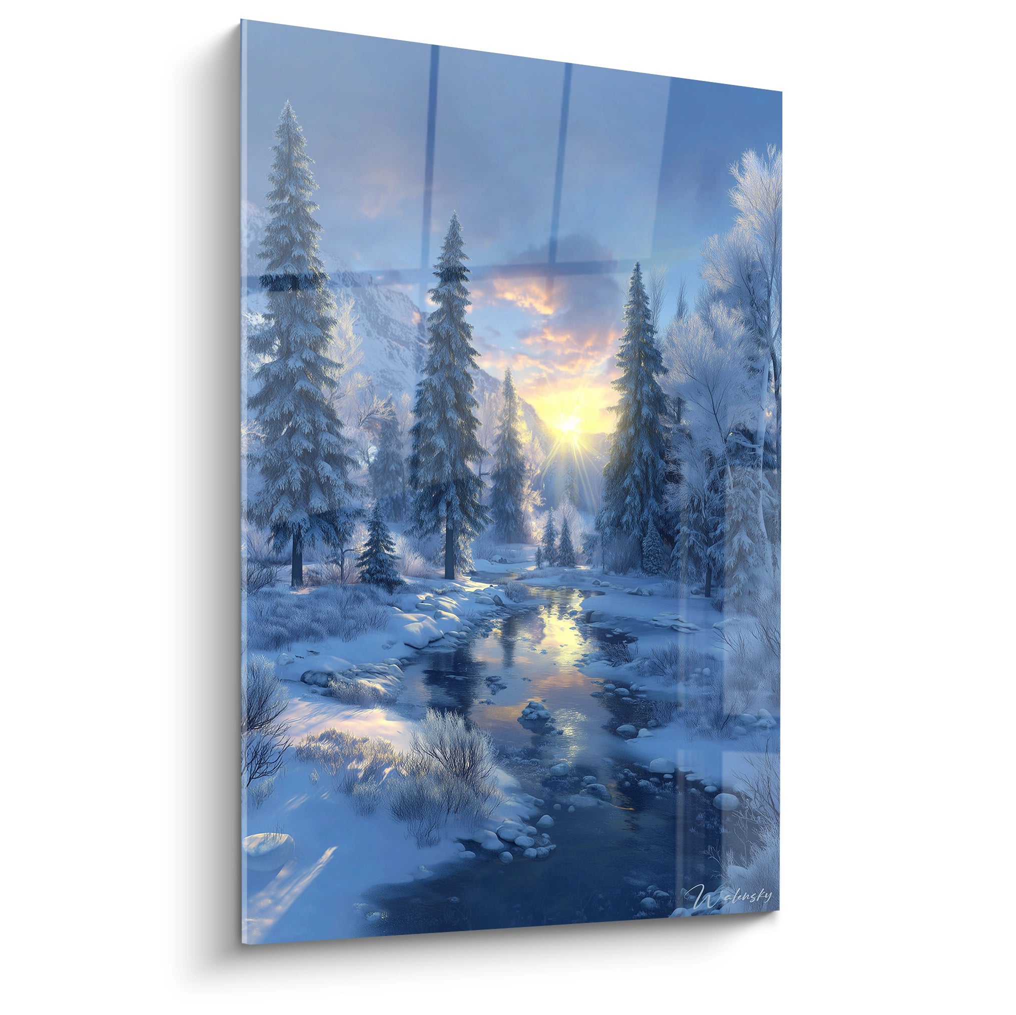 Walensky tableau paysage hivernal mural en verre acrylique montrant rivière gelée et sapins enneigés au coucher du soleil