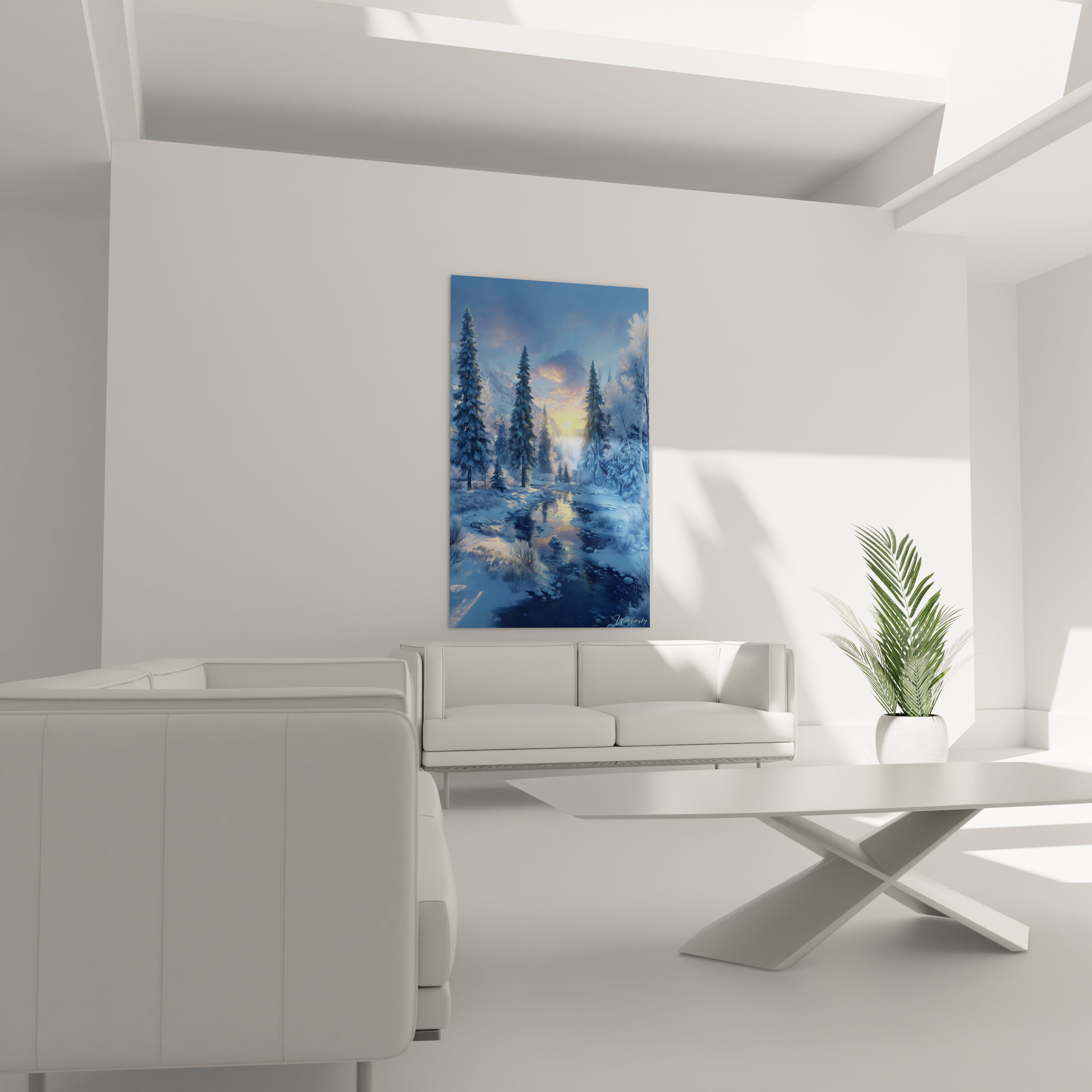 Walensky tableau paysage hivernal montrant forêt enneigée et rivière reflétant le coucher de soleil dans salon blanc