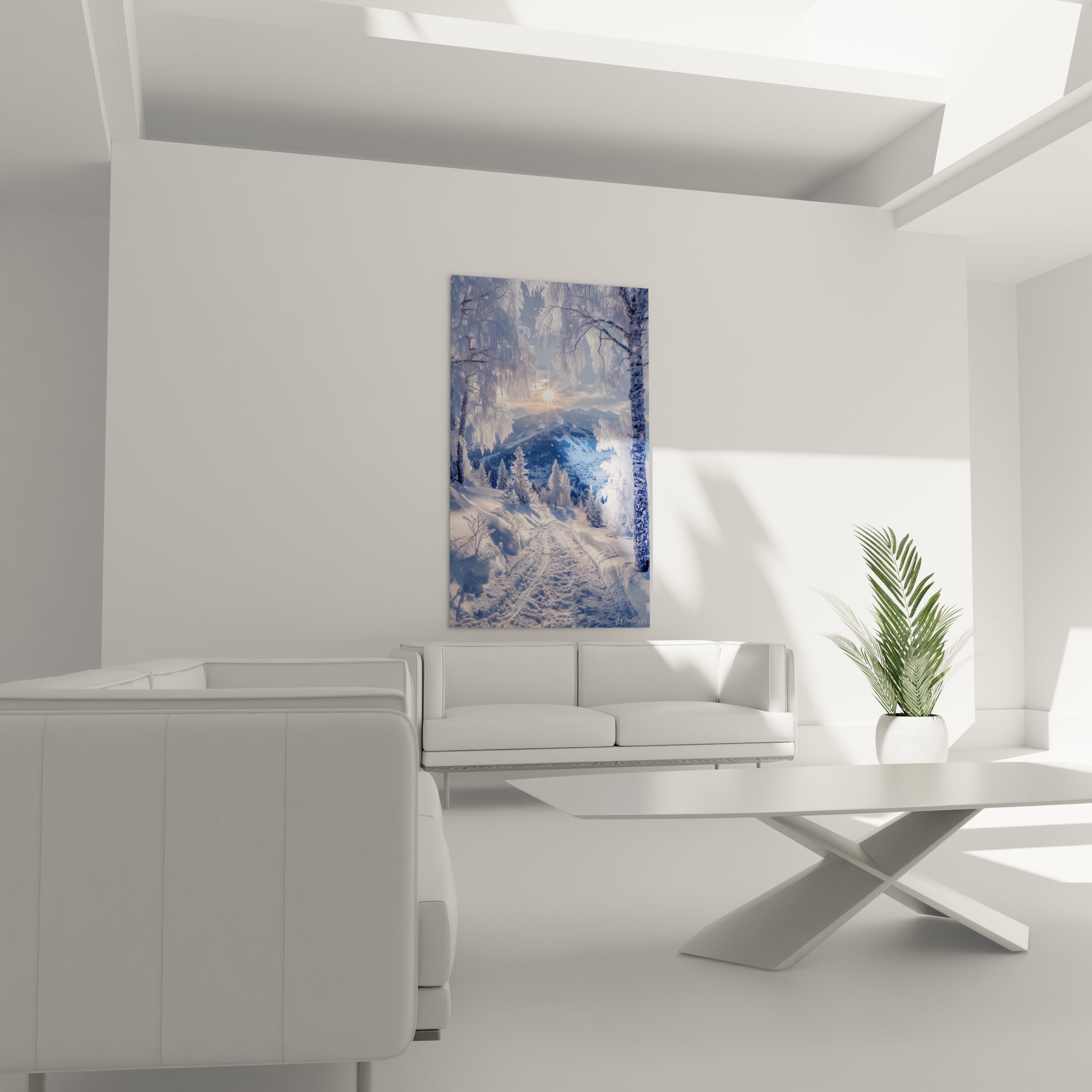 Walensky tableau paysage hivernal mural vertical accroche au dessus d un canapé blanc dans un salon minimaliste lumineux