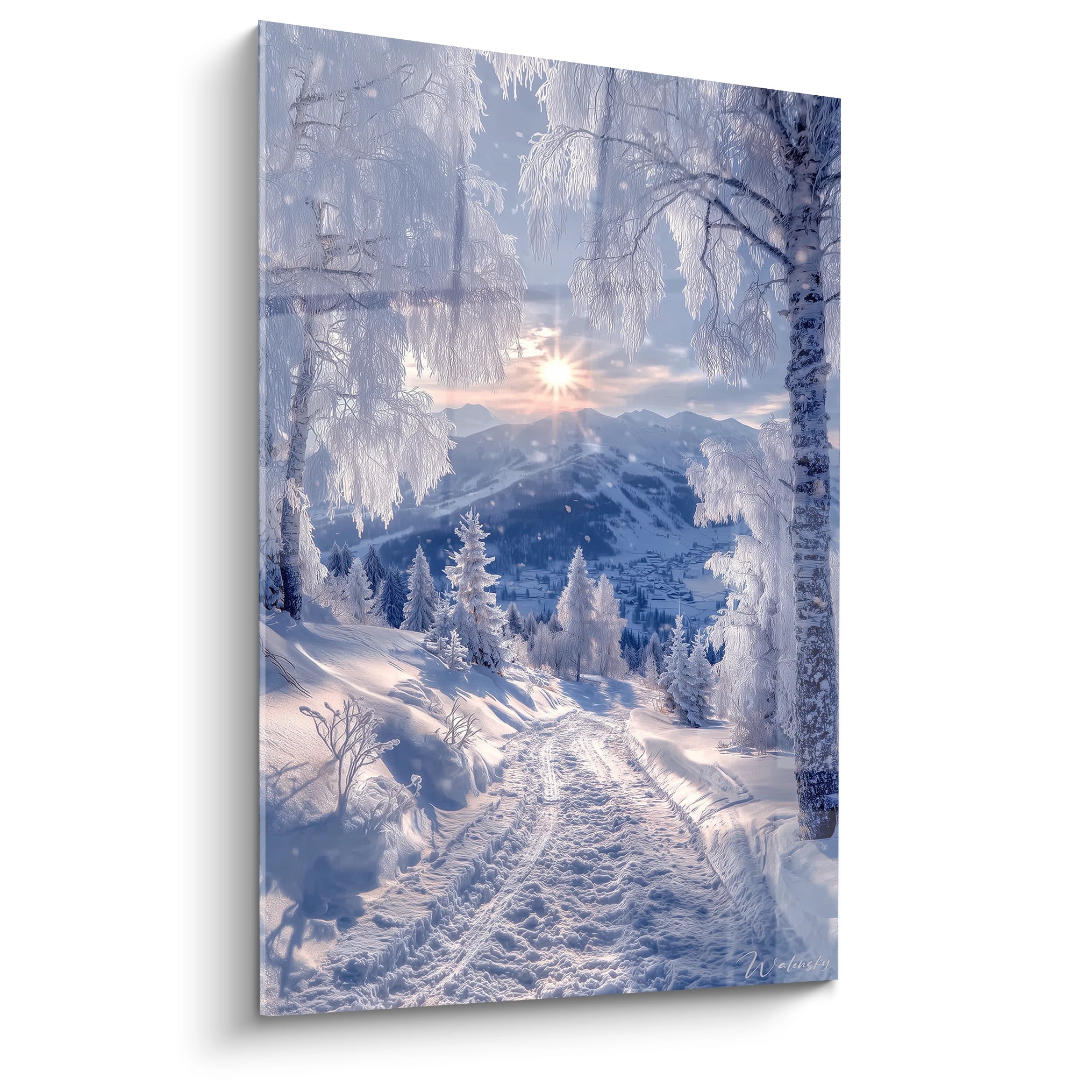 Walensky tableau paysage hivernal sur toile murale verticale montrant chemin enneigé sapins et soleil