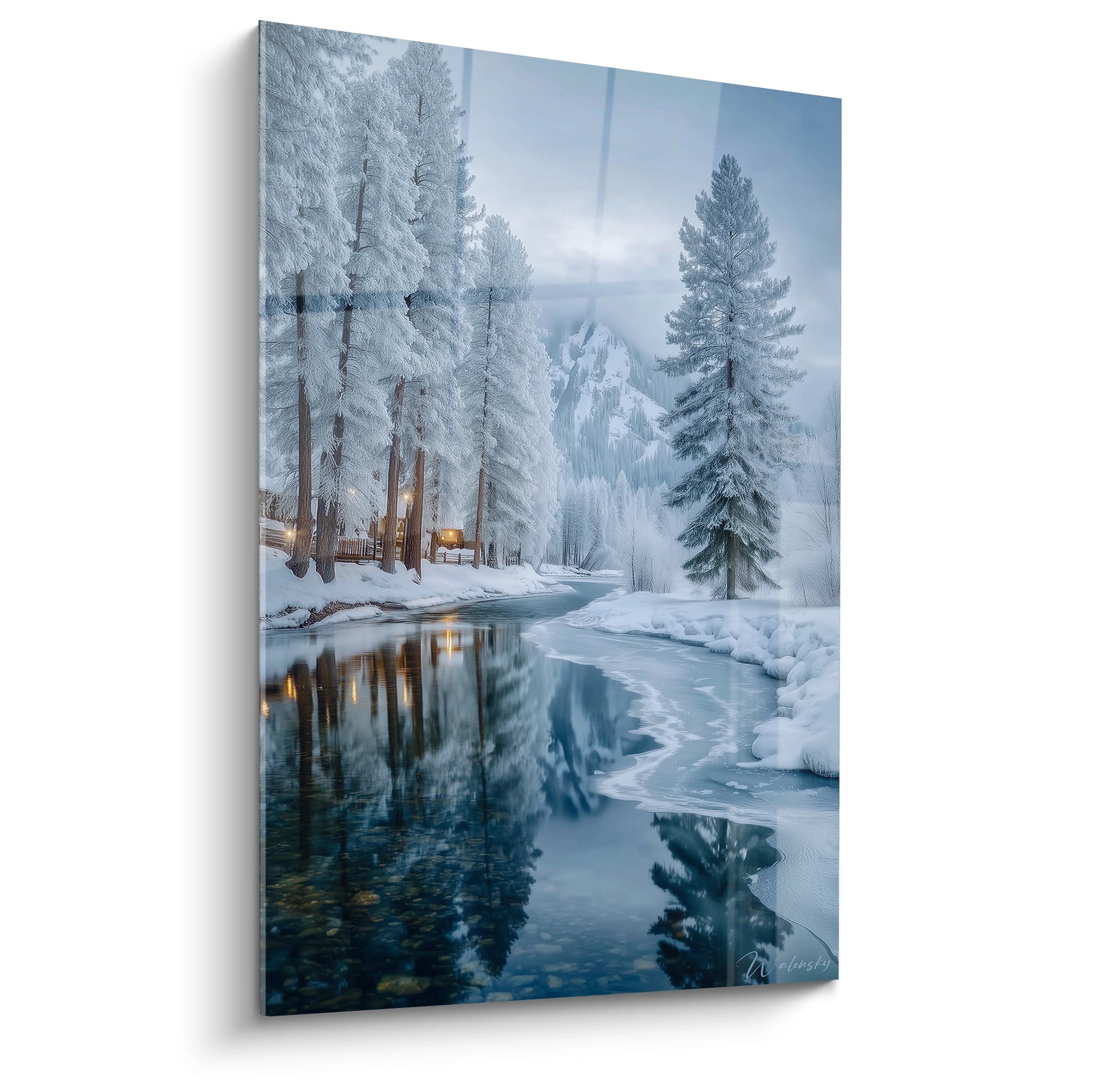 Walensky tableau paysage hivernal sur toile verticale montrant forêt enneigée, rivière gelée et lumineux reflet des cabanes