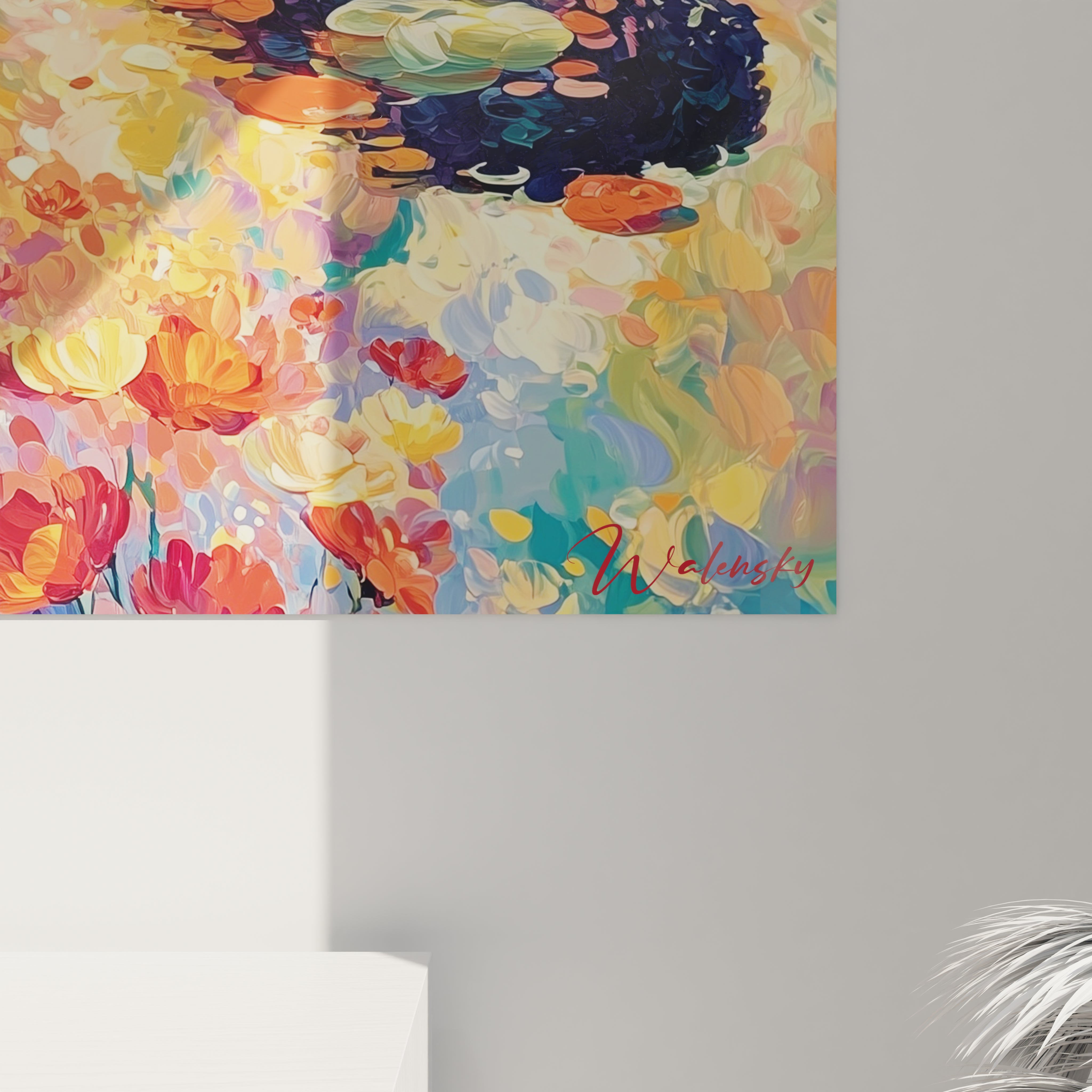 Tableau mural Walensky signé, coin rouge texturé aux traits noirs fins, tableau paysage lacustre pointillisme