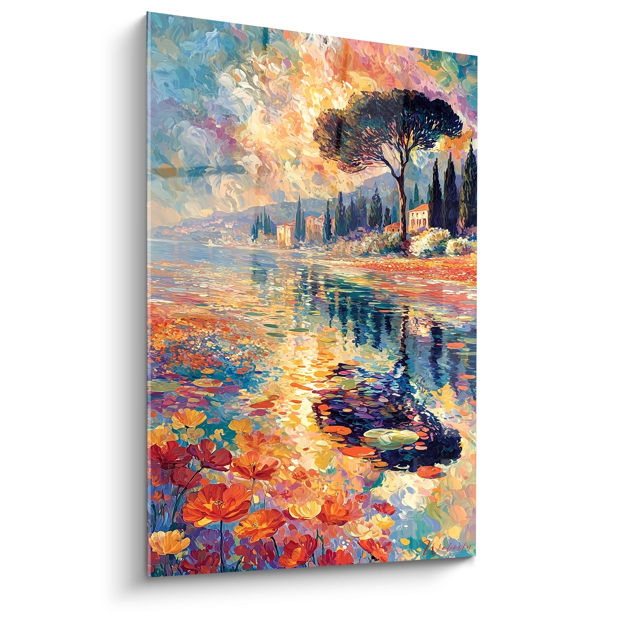 Tableau mural Walensky représentant un tableau paysage lacustre pointillisme coloré avec arbre reflets et nénuphars