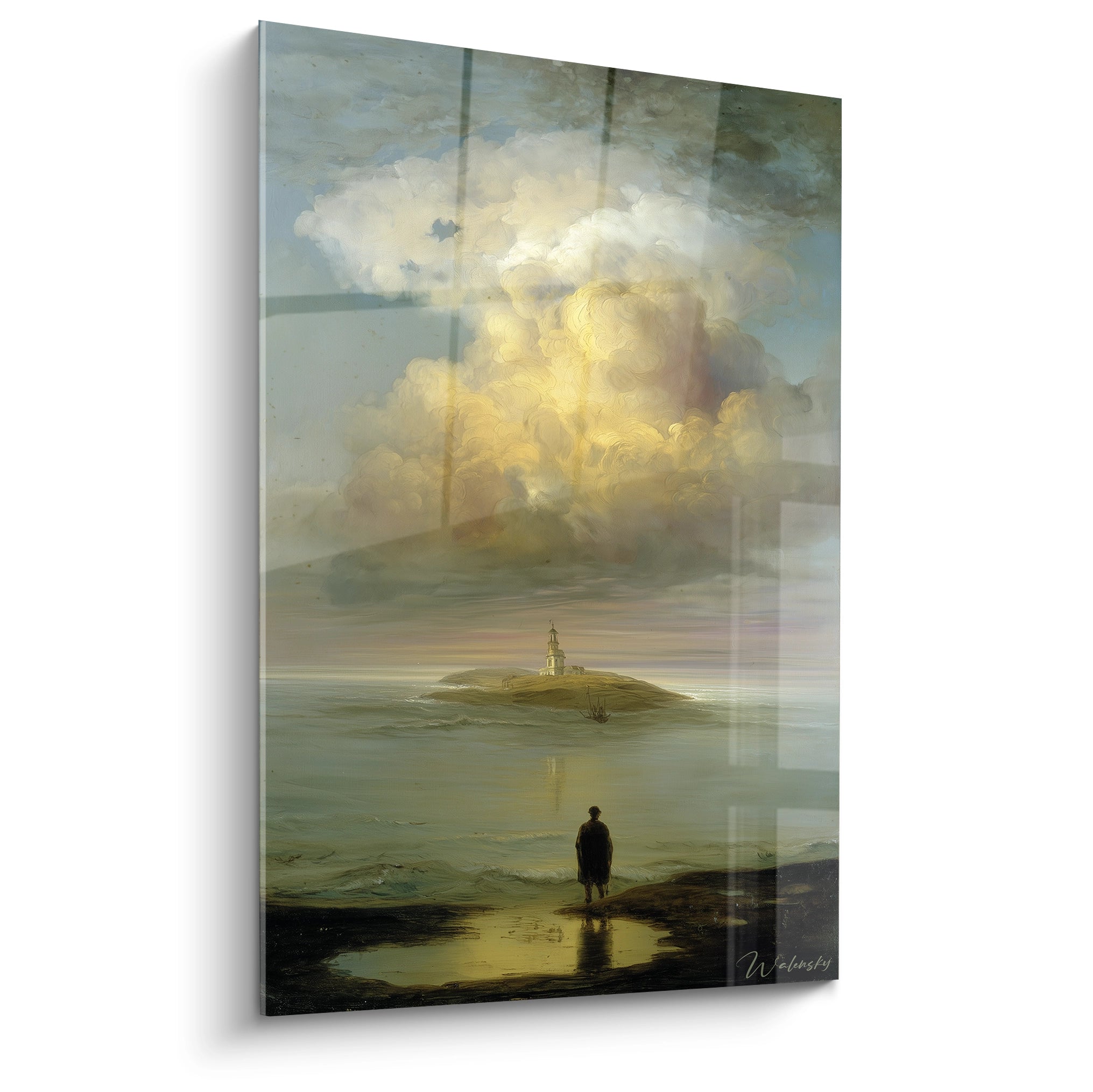 Walensky tableau paysage maritime romantique avec phare sur île silhouette contemplative et nuage lumineux