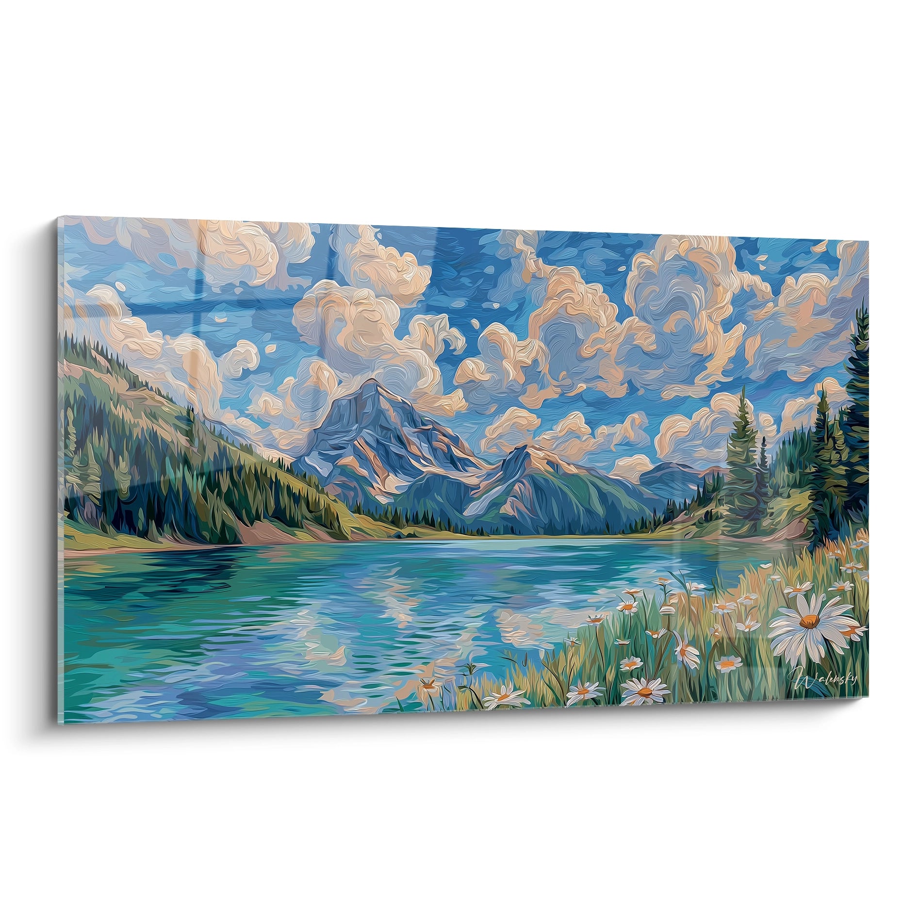 tableau paysage montagne Walensky toile murale lac alpin fleurs sauvages sapins ciel nuageux pour decoration murale