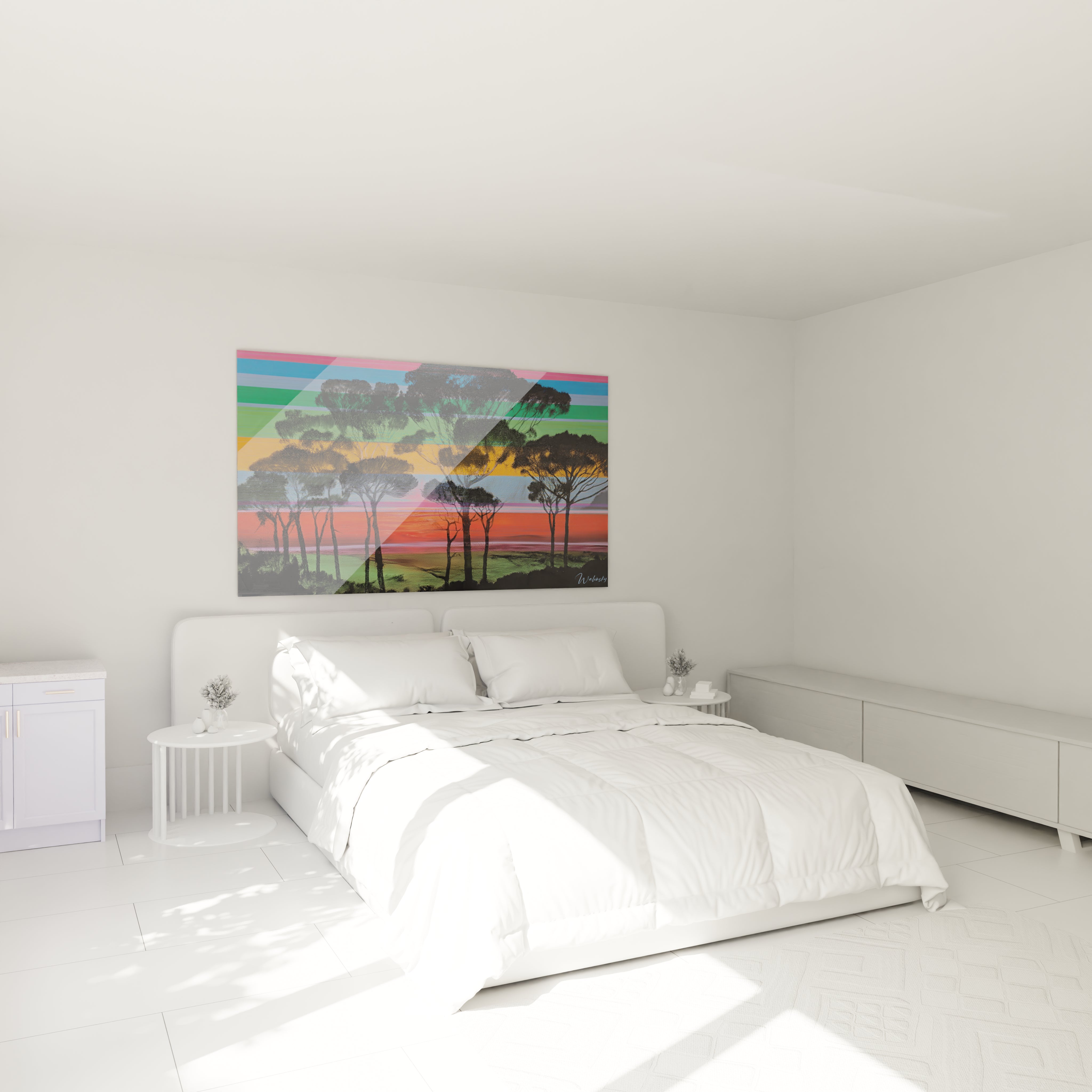 Tableau mural Walensky tableau paysage op art coloré avec arbres et bandes horizontales au dessus d un lit blanc minimaliste