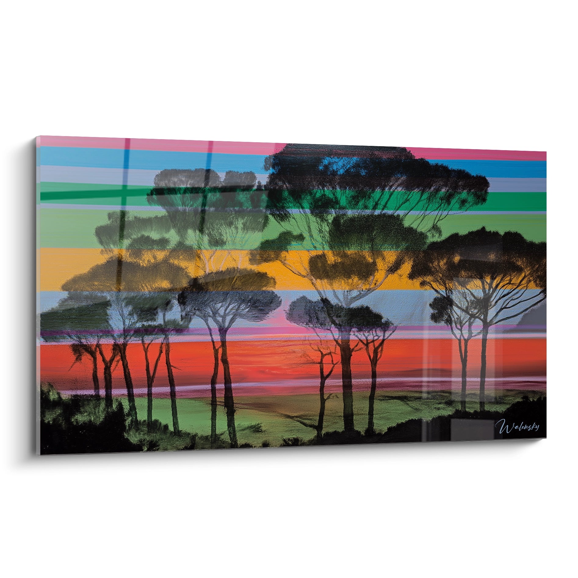 Walensky tableau paysage op art mural couleurs vives bandes horizontales silhouette d arbres au coucher de soleil