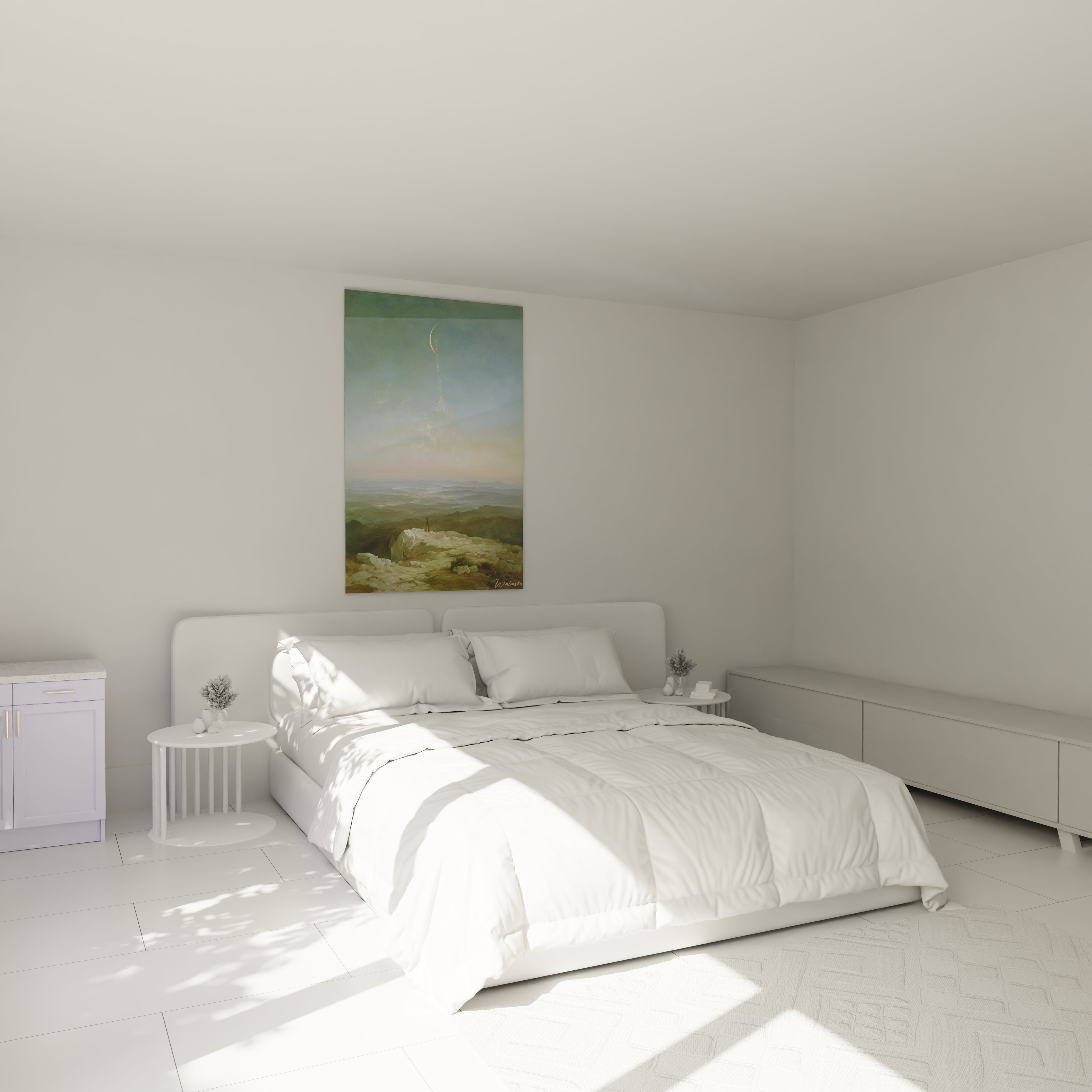 Walensky tableau paysage romantique accroche au dessus d un lit blanc dans une chambre minimaliste et lumineuse