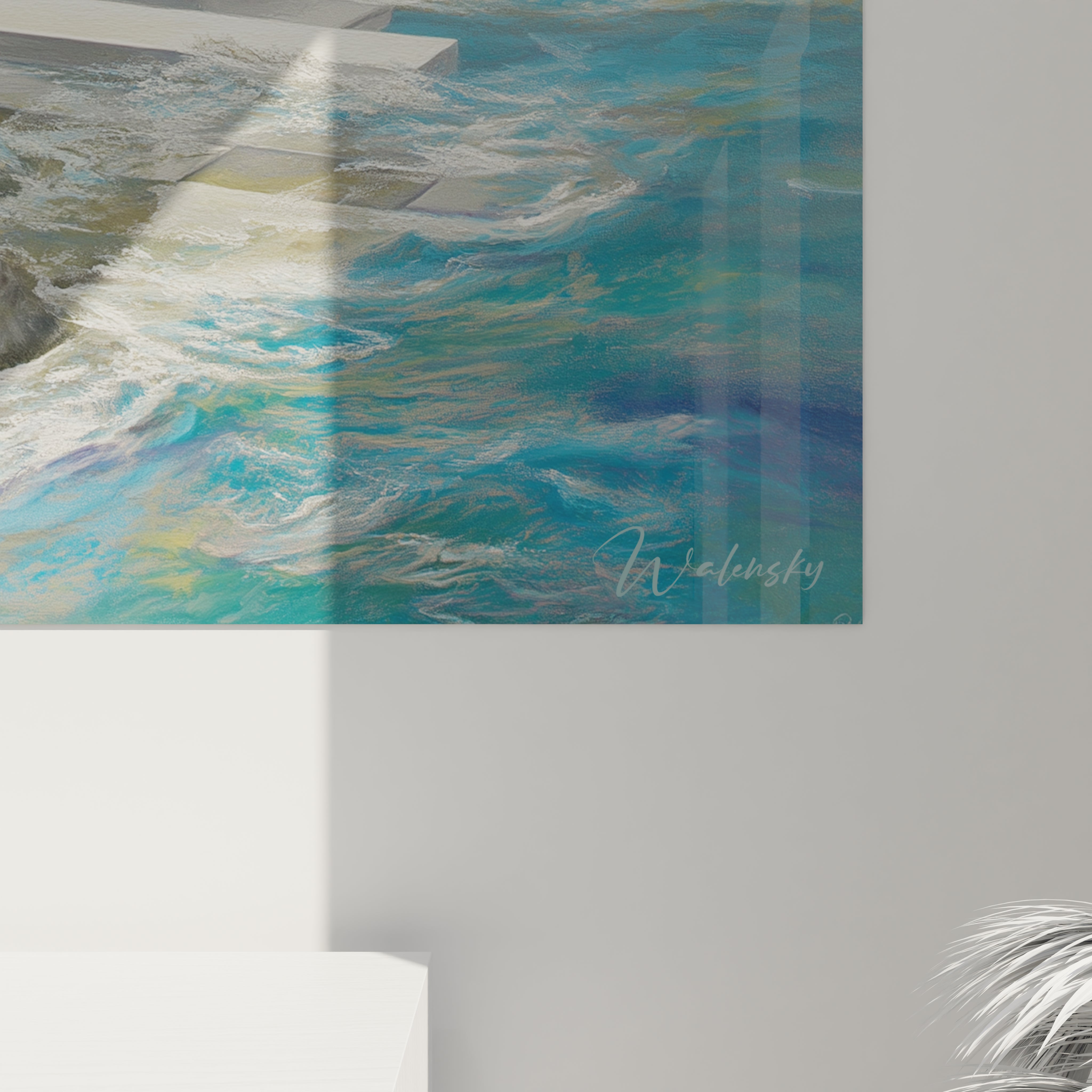 Tableau mural Walensky montrant un tableau paysage surréaliste d ocean turquoise avec vagues et signature