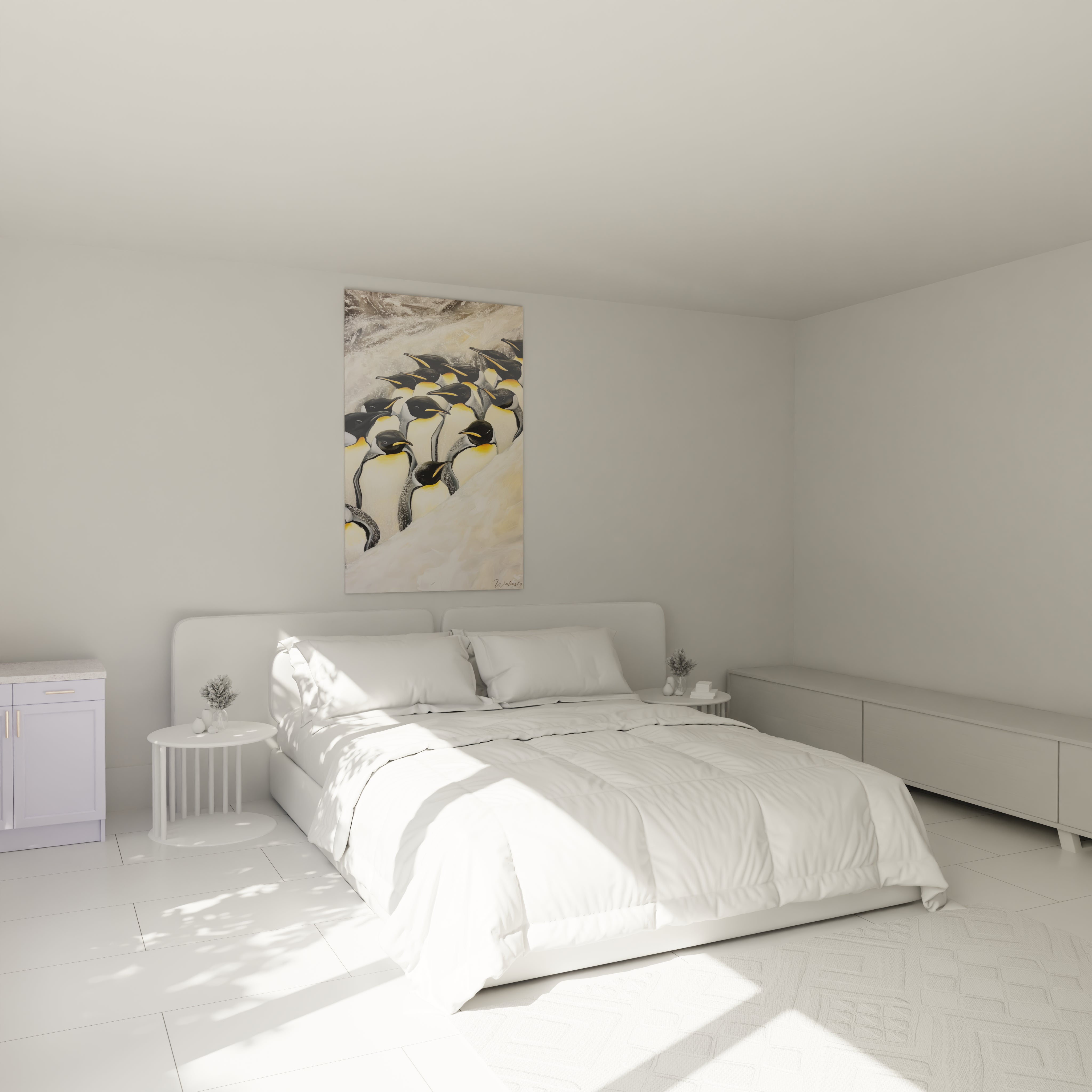 Tableau manchot Walensky représentant un groupe de manchots au-dessus d'un lit dans une chambre lumineuse