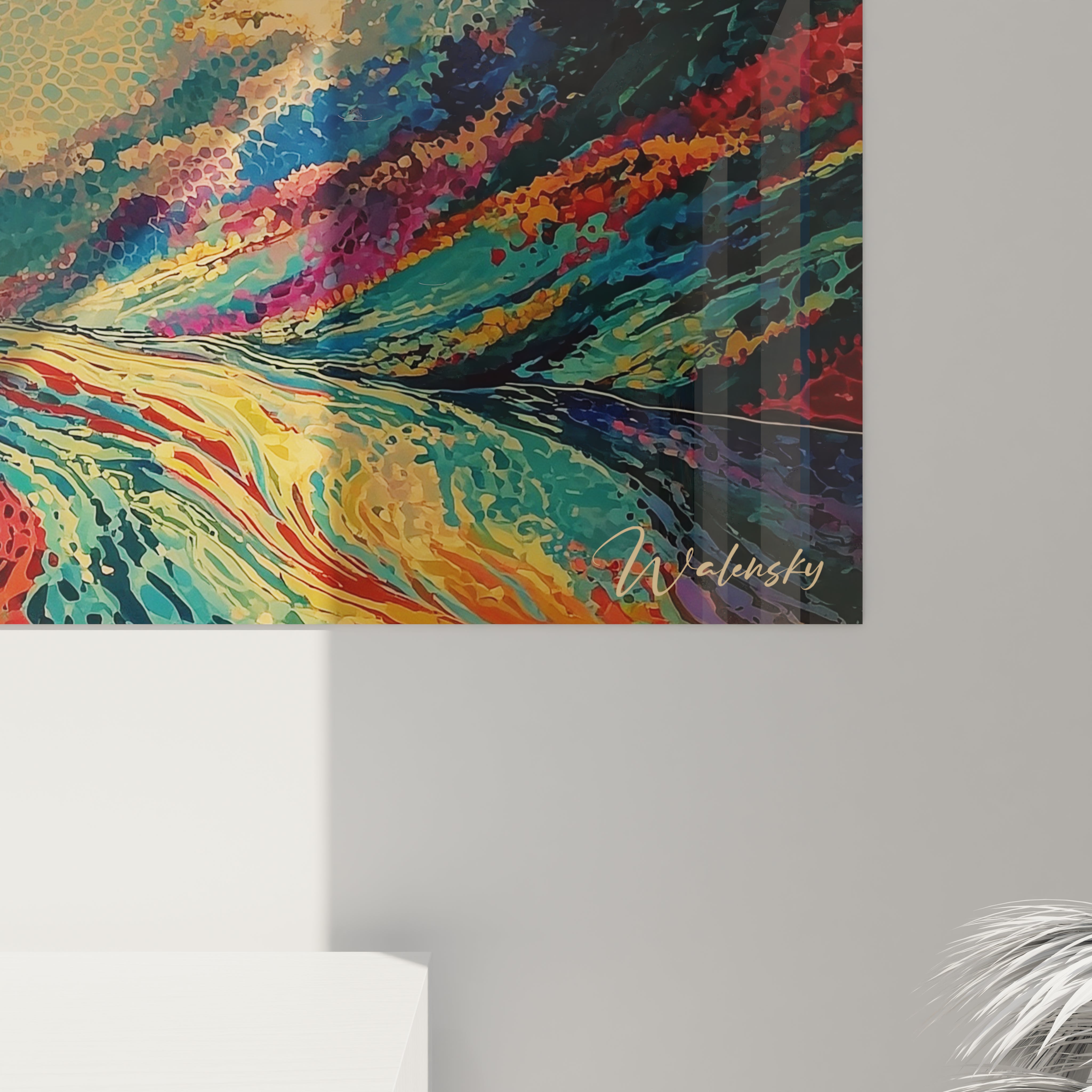 tableau pointillisme mer colorée Walensky tableau mural gros plan gouvernail et mains de marin bleu rouge