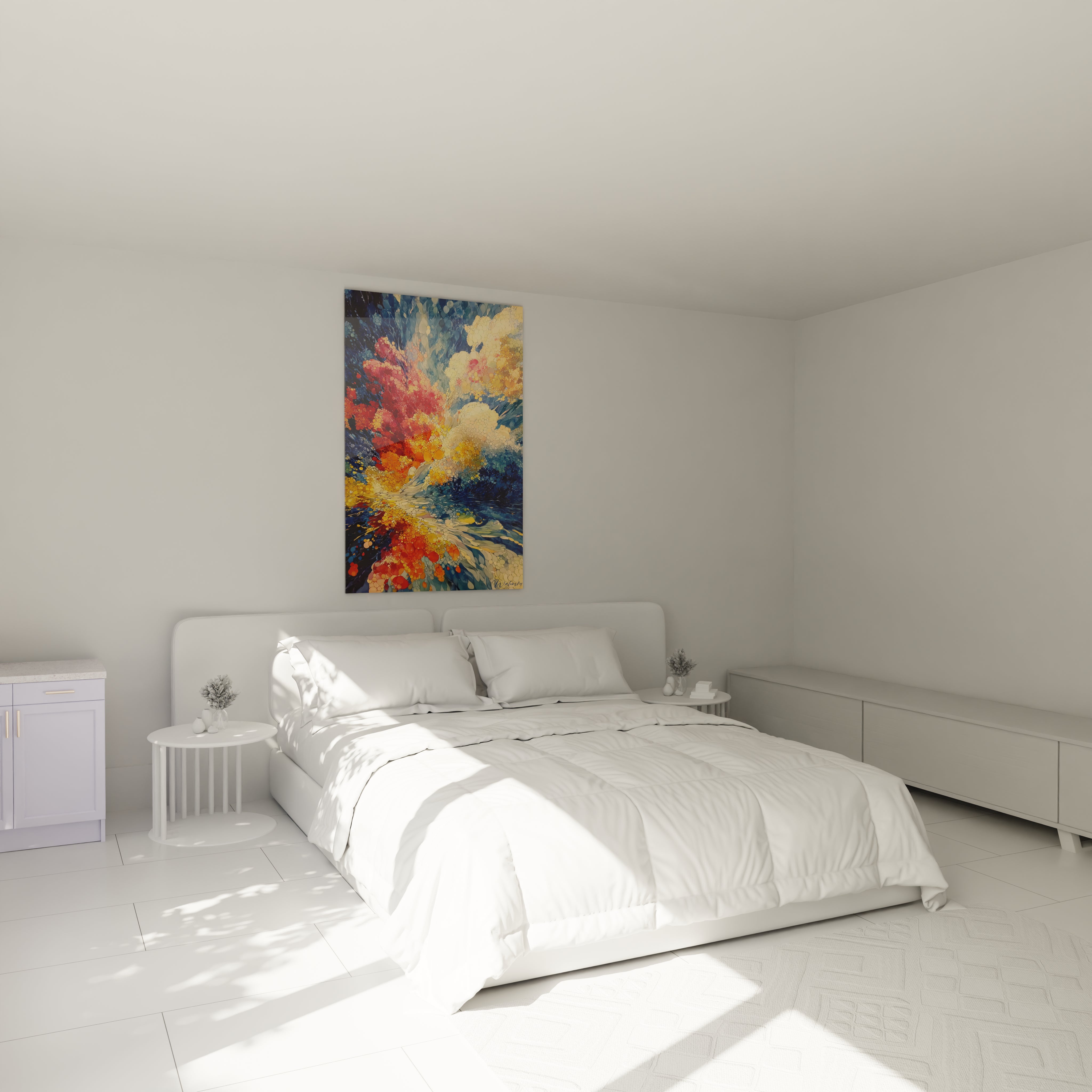 Walensky tableau pointillisme moderne coloré accroché au dessus d un lit blanc dans une chambre minimaliste et lumineuse