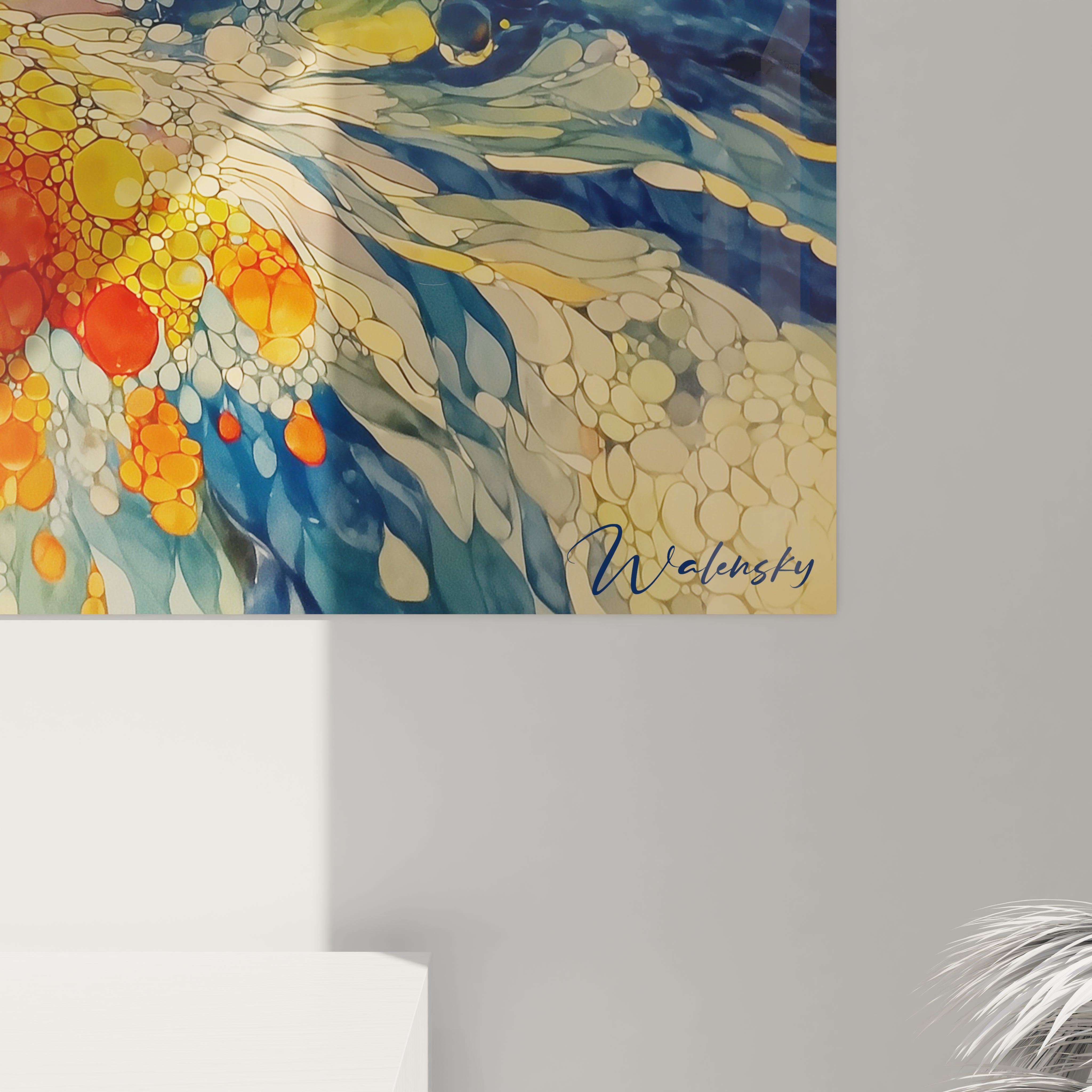 Tableau mural abstrait bleu jaune orange signé Walensky avec motifs organiques et bulles tableau pointillisme moderne pour salon