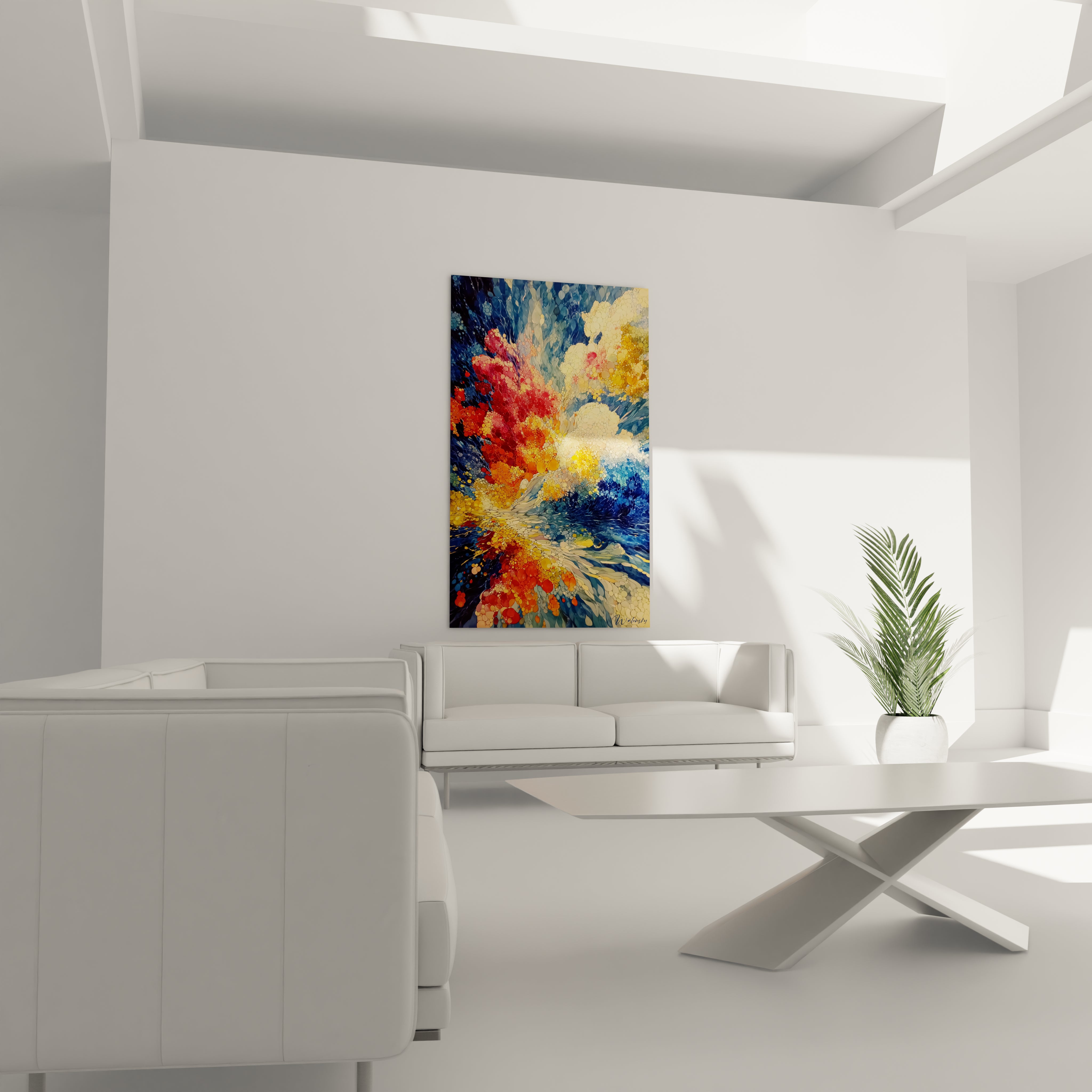 tableau pointillisme moderne Walensky accroche au mur d un salon blanc minimaliste avec canape et table basse