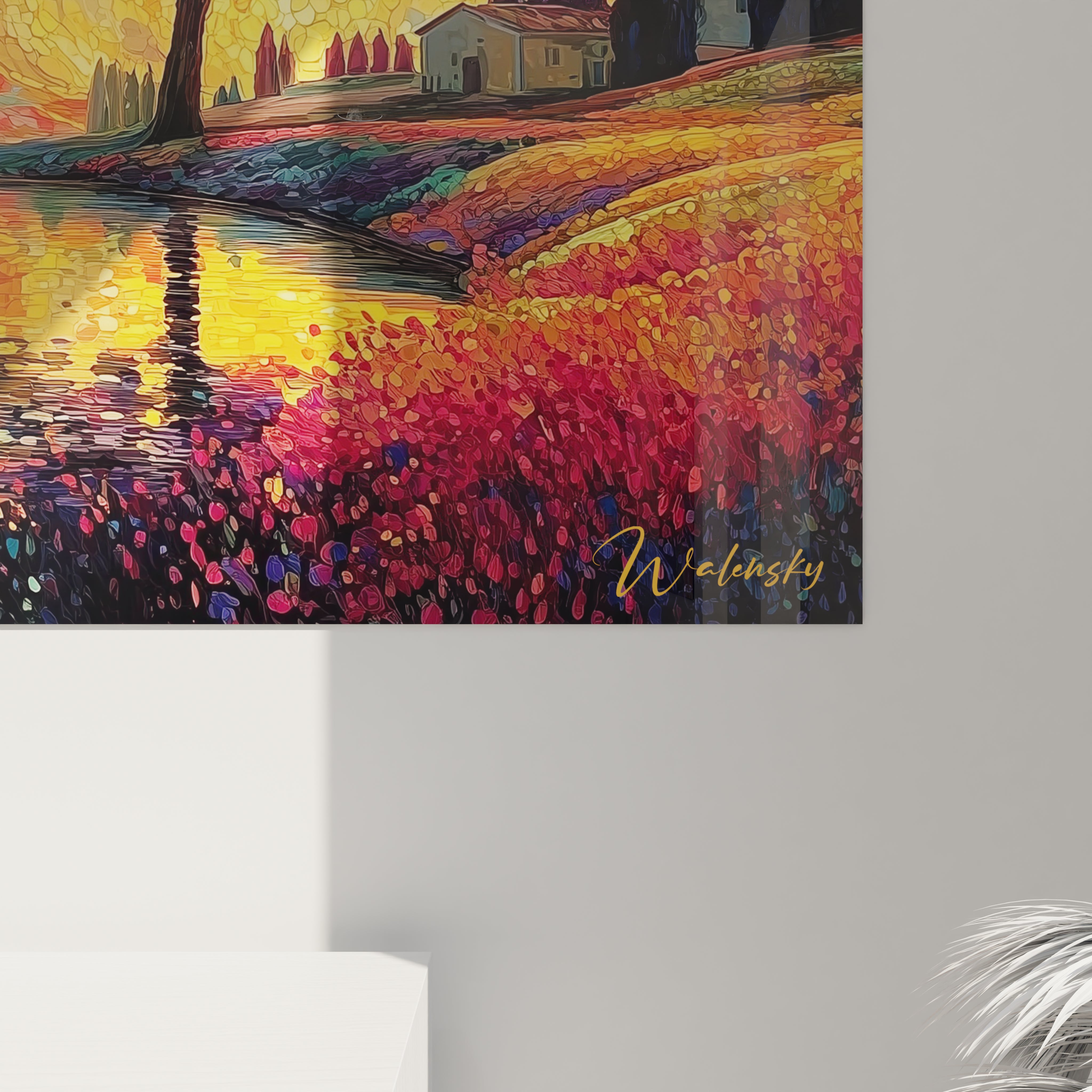 Tableau pointillisme paysage crépuscule mural rouge et noir signé Walensky sur mur gris clair