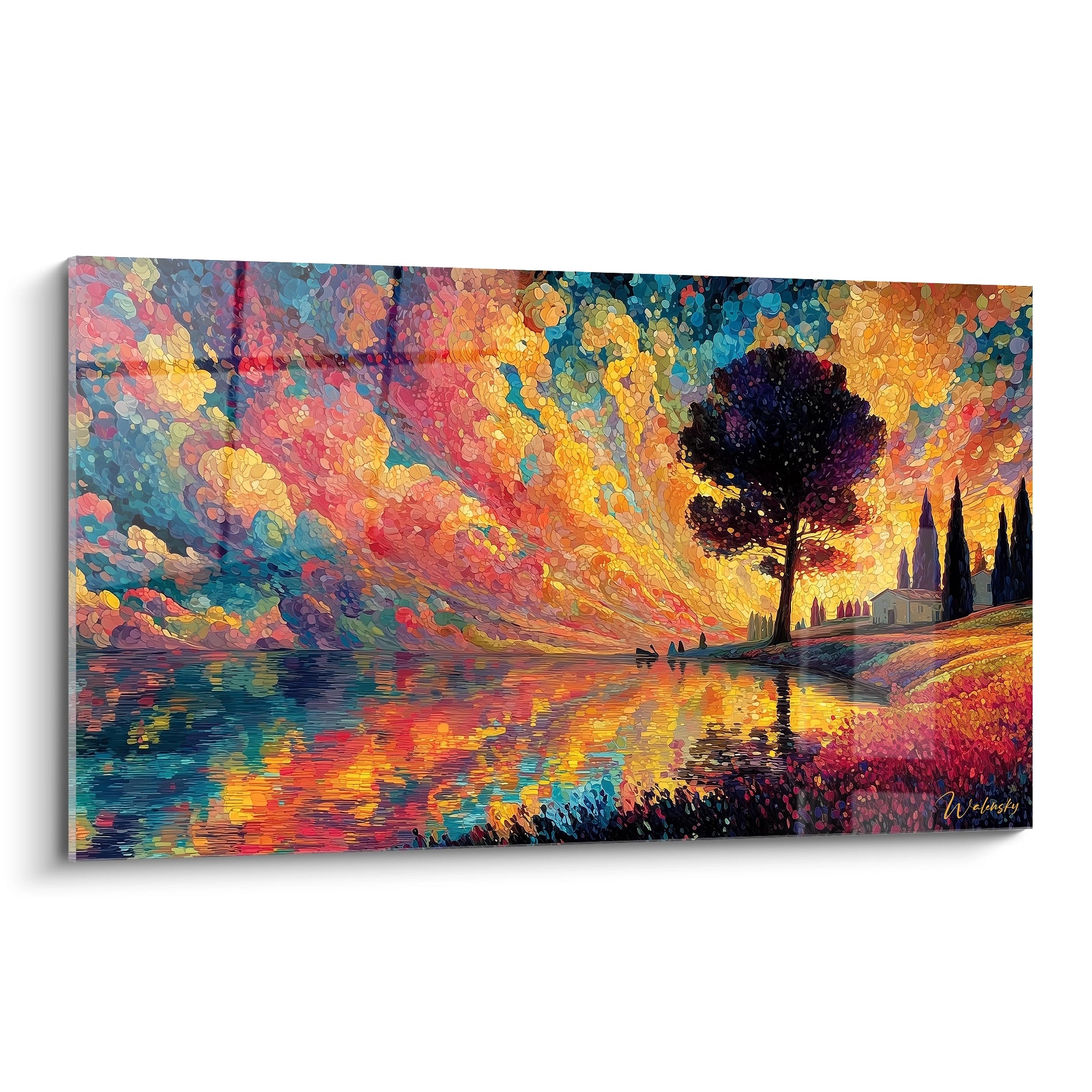 Walensky tableau pointillisme paysage crépuscule avec grand arbre silhouetté et reflet coloré sur lac