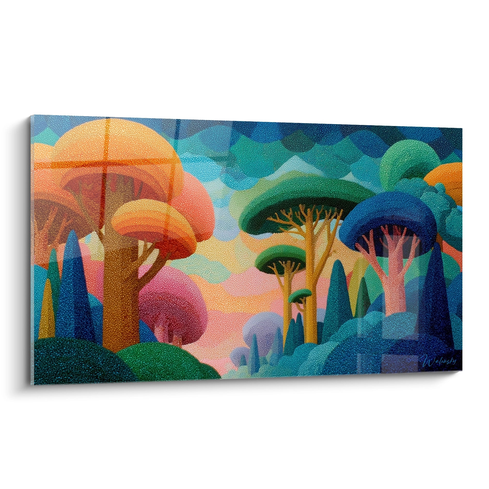 Walensky tableau pointillisme paysage végétal mural coloré aux arbres stylisés et texture pointillée