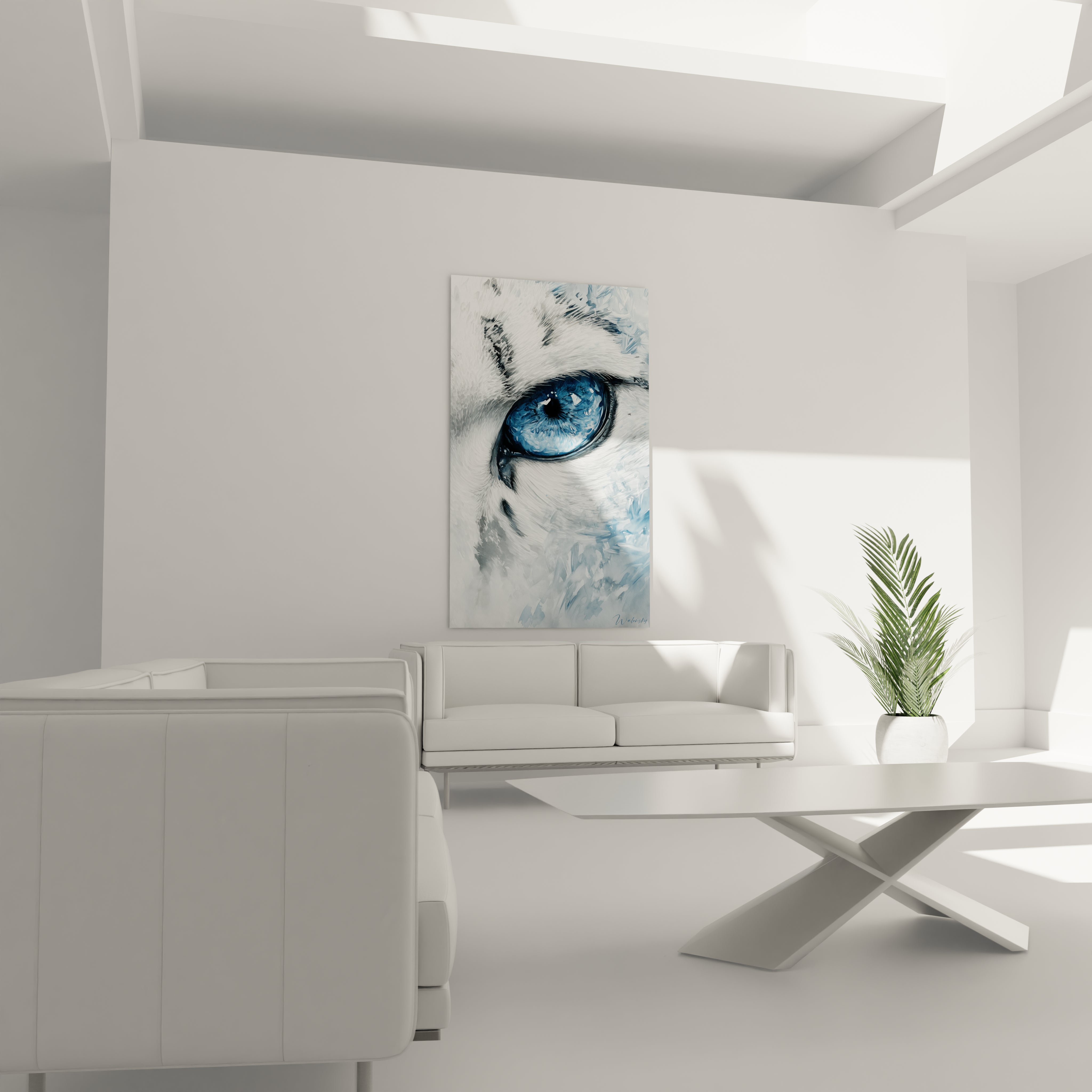 Tableau œil d'animal bleu sur toile par Walensky décorant un salon blanc moderne et lumineux