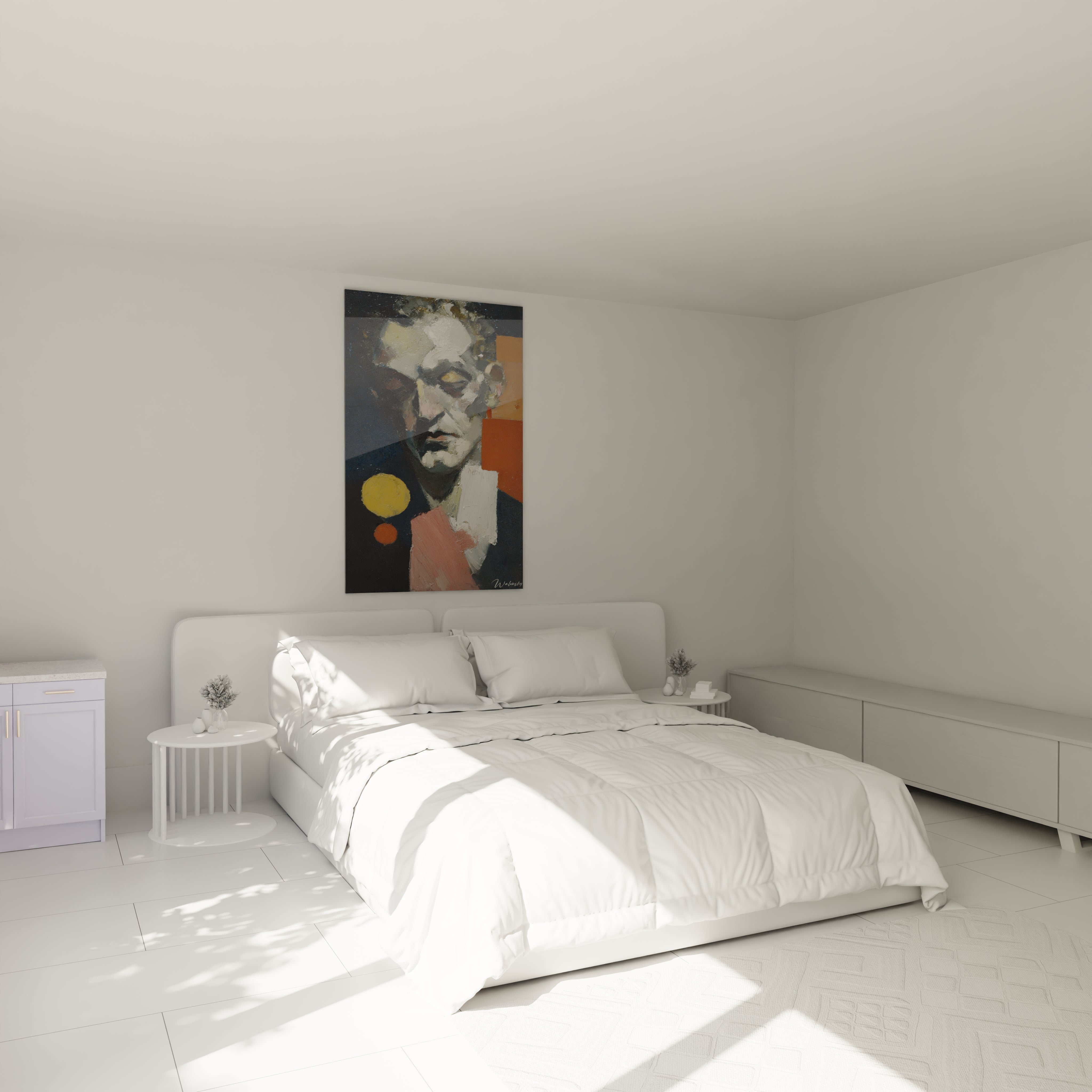Chambre moderne avec lit double et tableau portrait dadaïsme Walensky accroché au dessus de la tête de lit