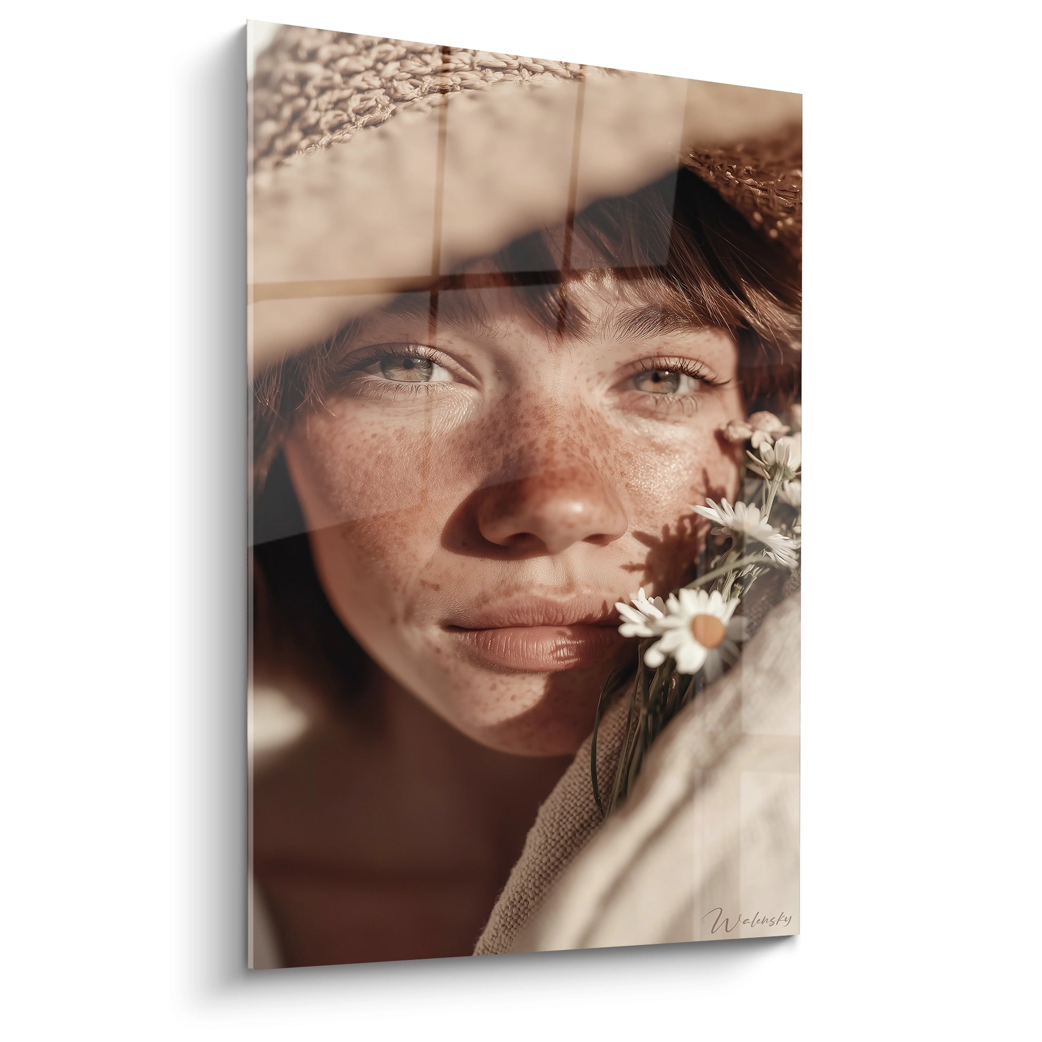 tableau portrait femme été Walensky grand format portrait gros plan femme taches de rousseur chapeau paille et marguerites